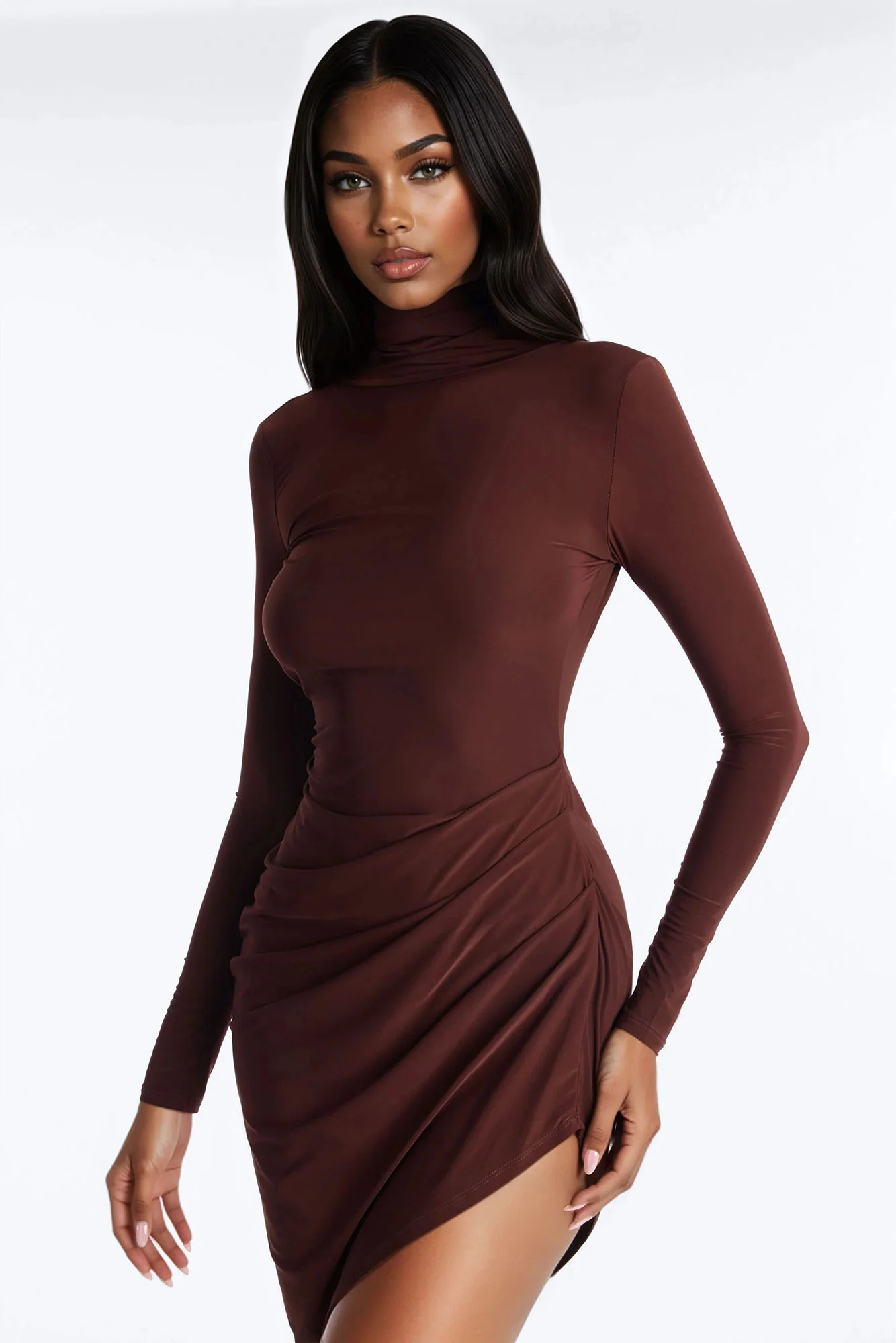 Amara Asymmetrical Midi Dress - Chocolate - Image 2
