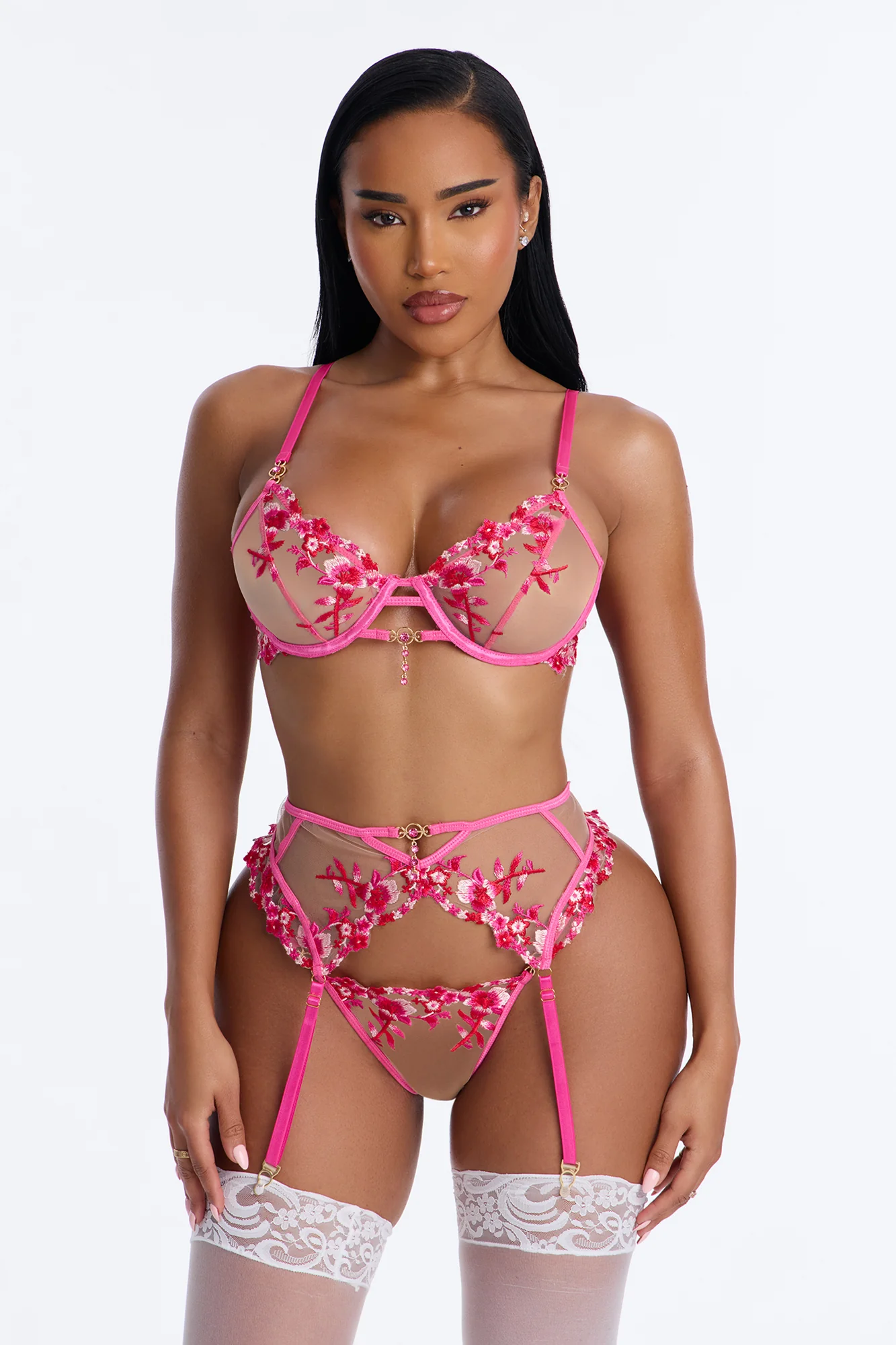 Amara Mesh Embroidered 3 Piece Bra And Panty Garter Set - Fuchsia