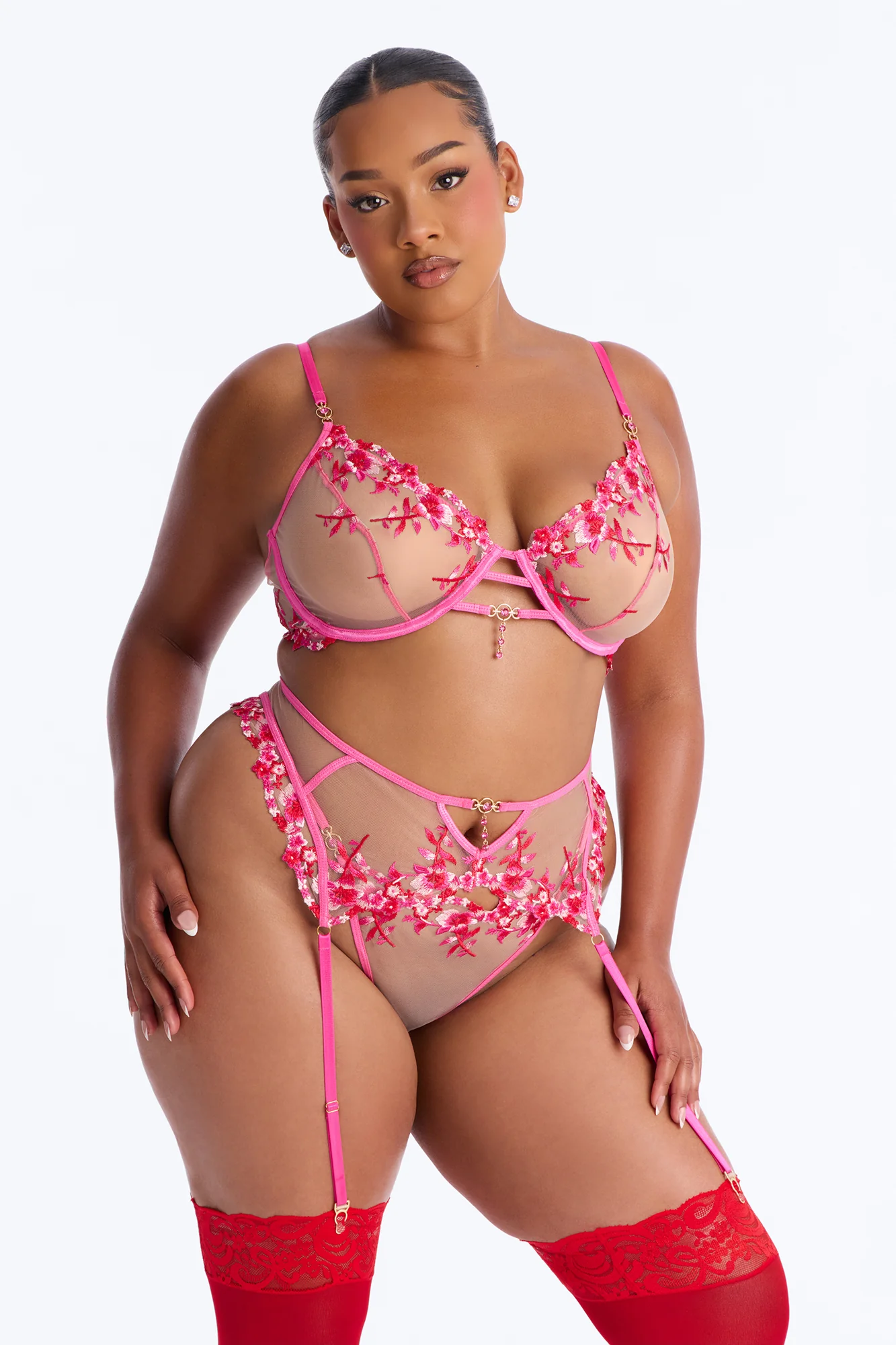 Amara Mesh Embroidered 3 Piece Bra And Panty Garter Set - Fuchsia - Image 5