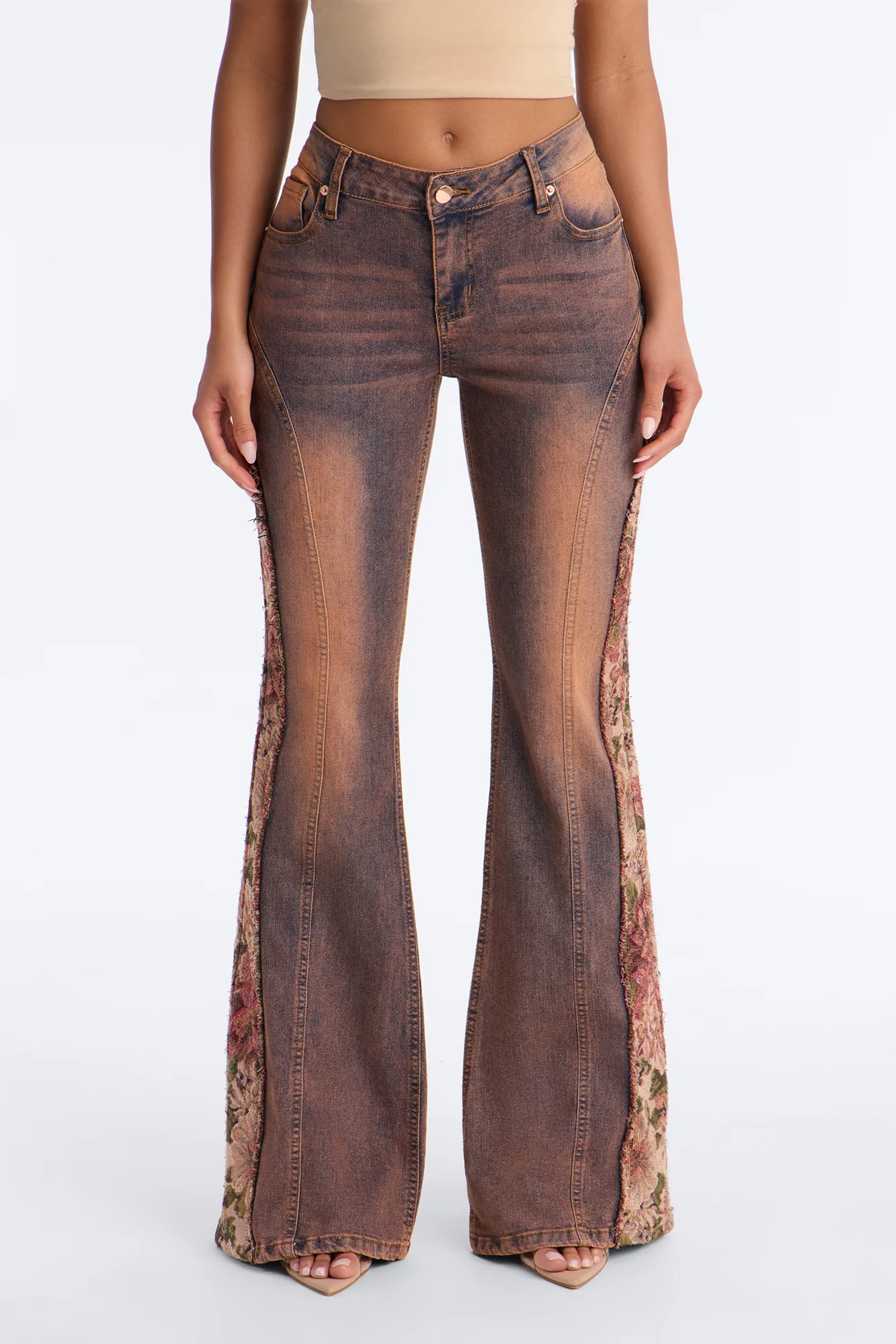 Amari Floral Stretch Low Rise Flare Leg Jeans - Burgundy - Image 2