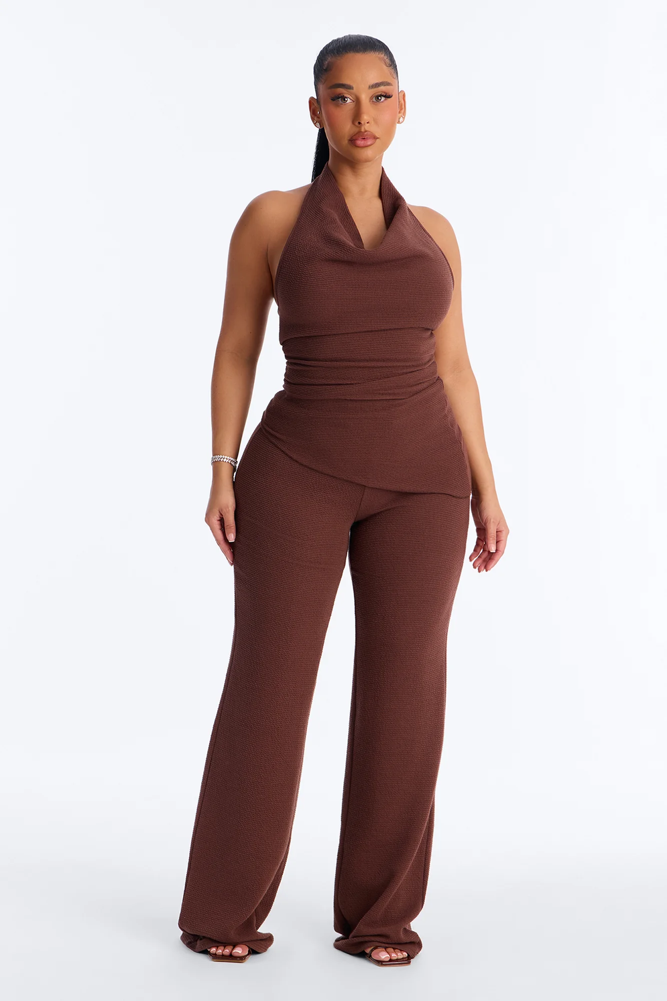 Amaya Asymmetrical Halter Pant Set - Brown