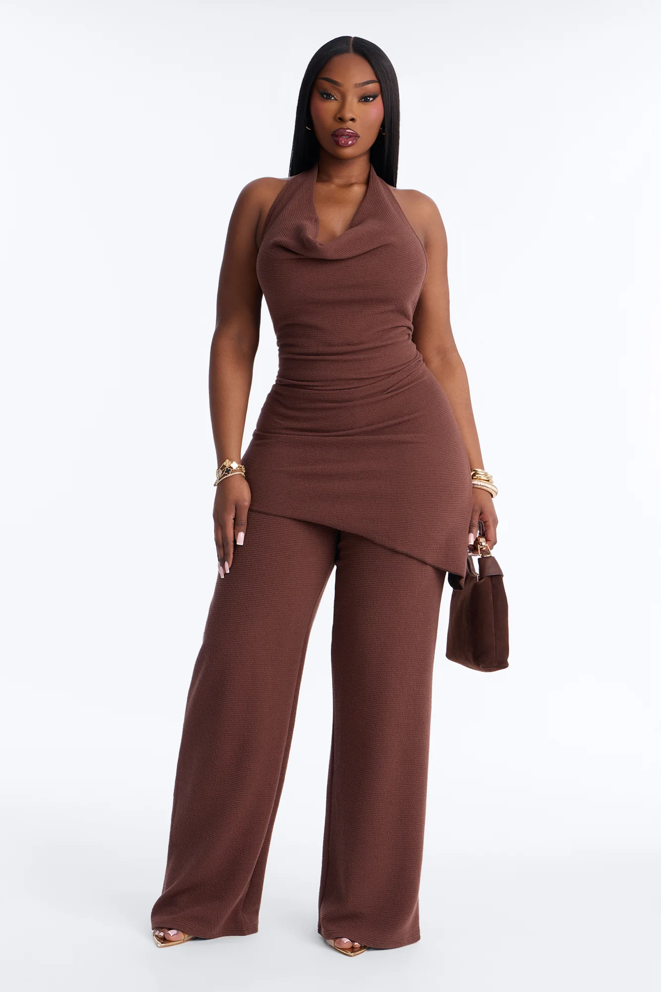 Amaya Asymmetrical Halter Pant Set - Brown - Image 5