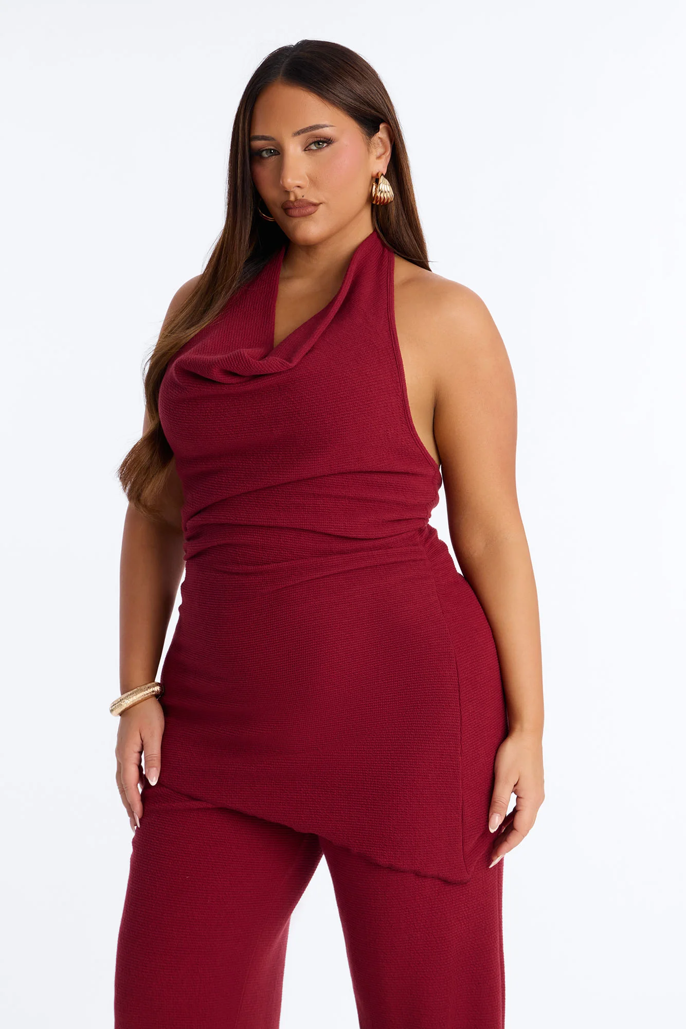 Amaya Asymmetrical Halter Pant Set - Wine - Image 6