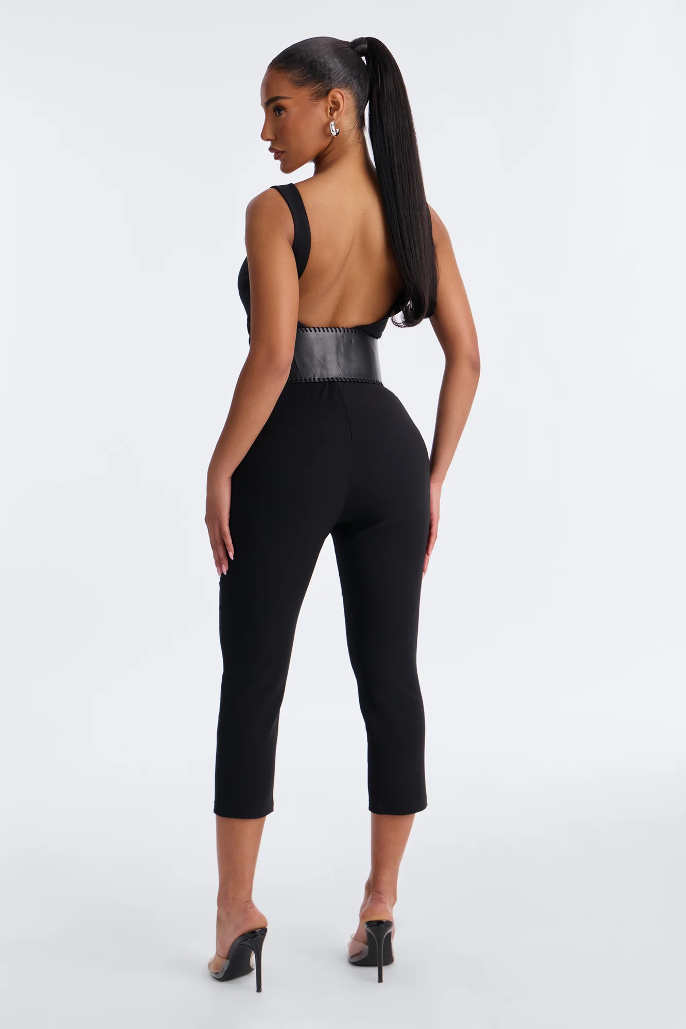 Amaya Boat Neck Belted Capri Jumpsuit - Black - Image 4
