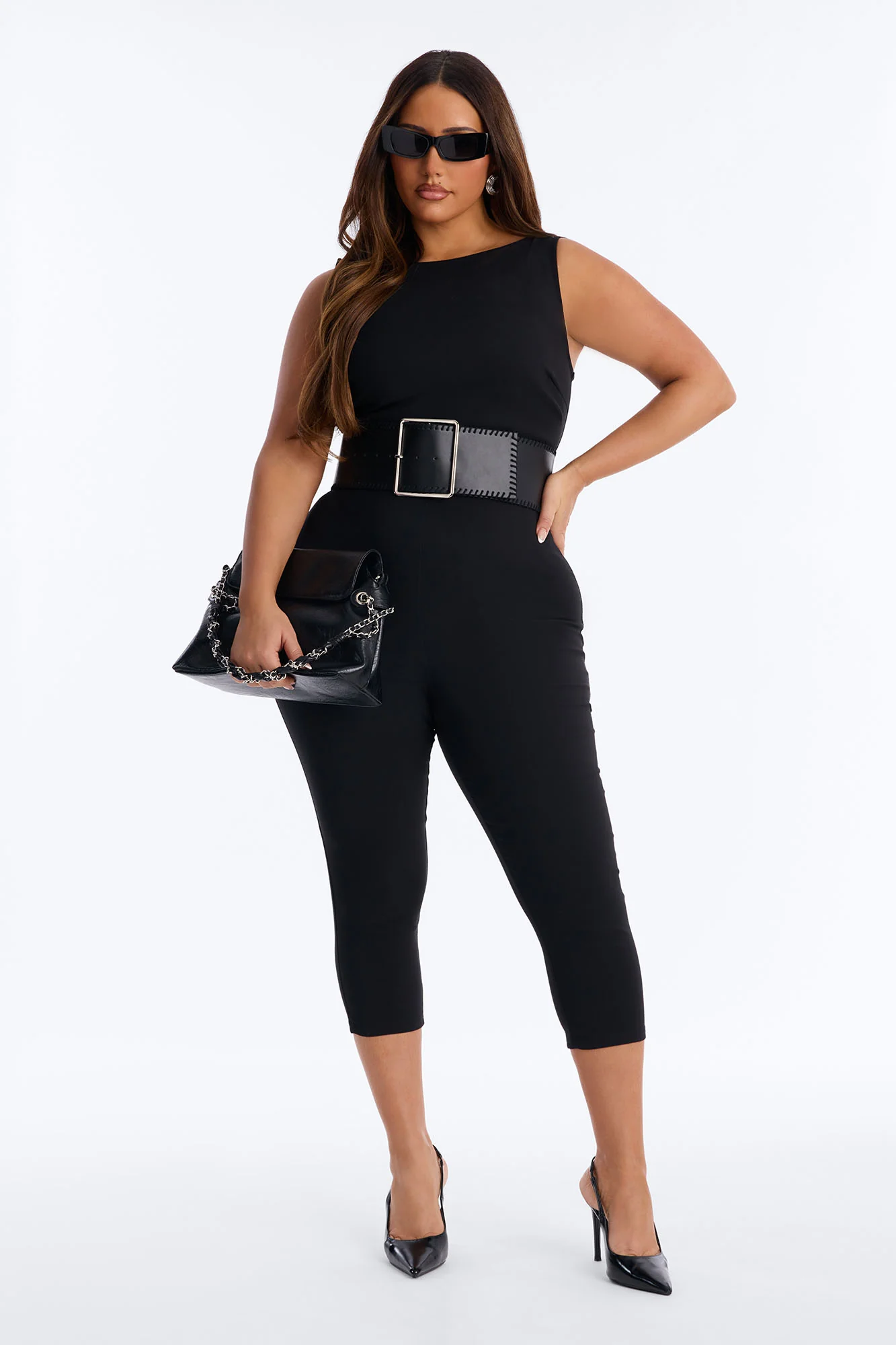 Amaya Boat Neck Belted Capri Jumpsuit - Black - Image 5