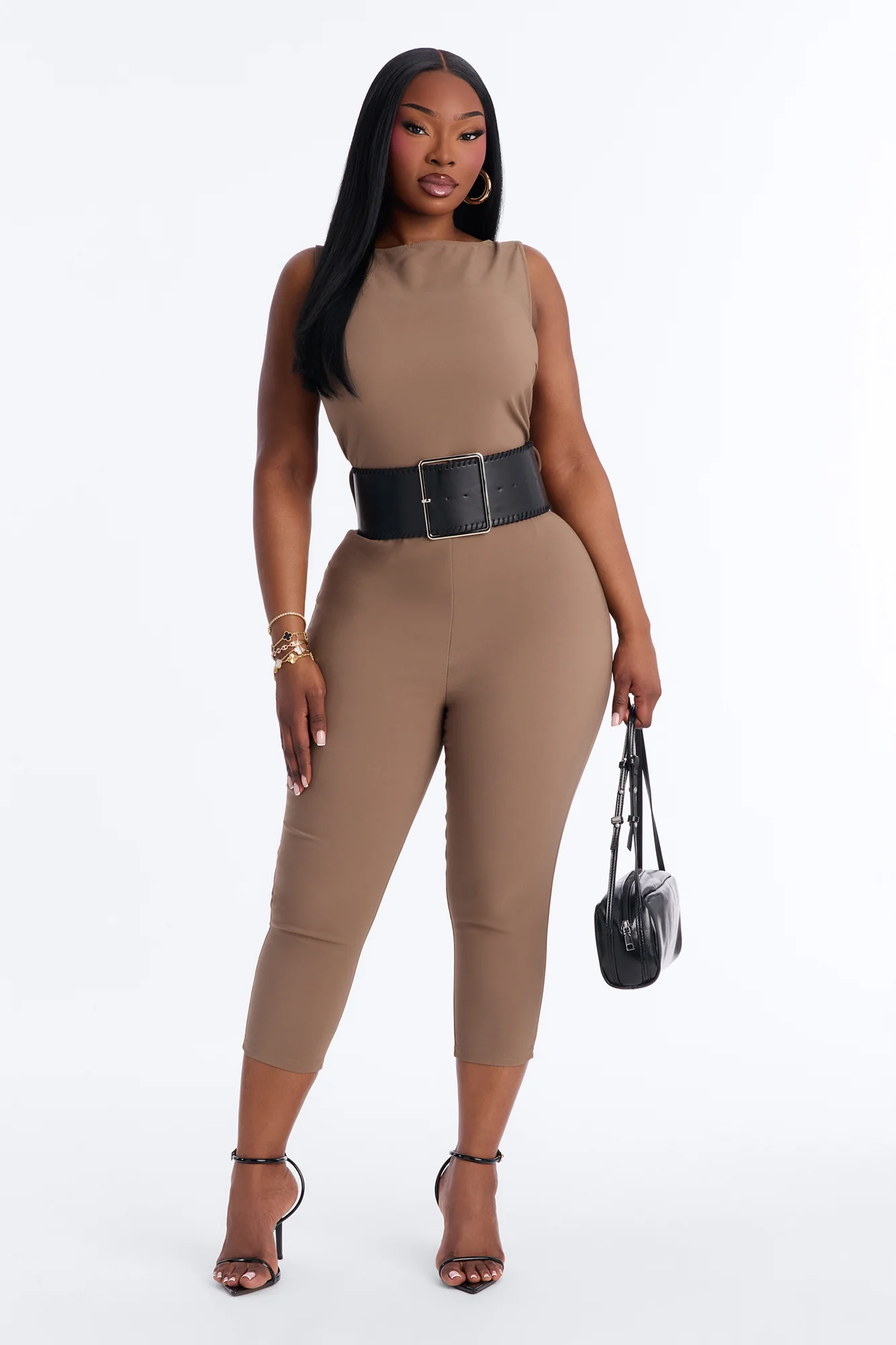Amaya Boat Neck Belted Capri Jumpsuit - Taupe