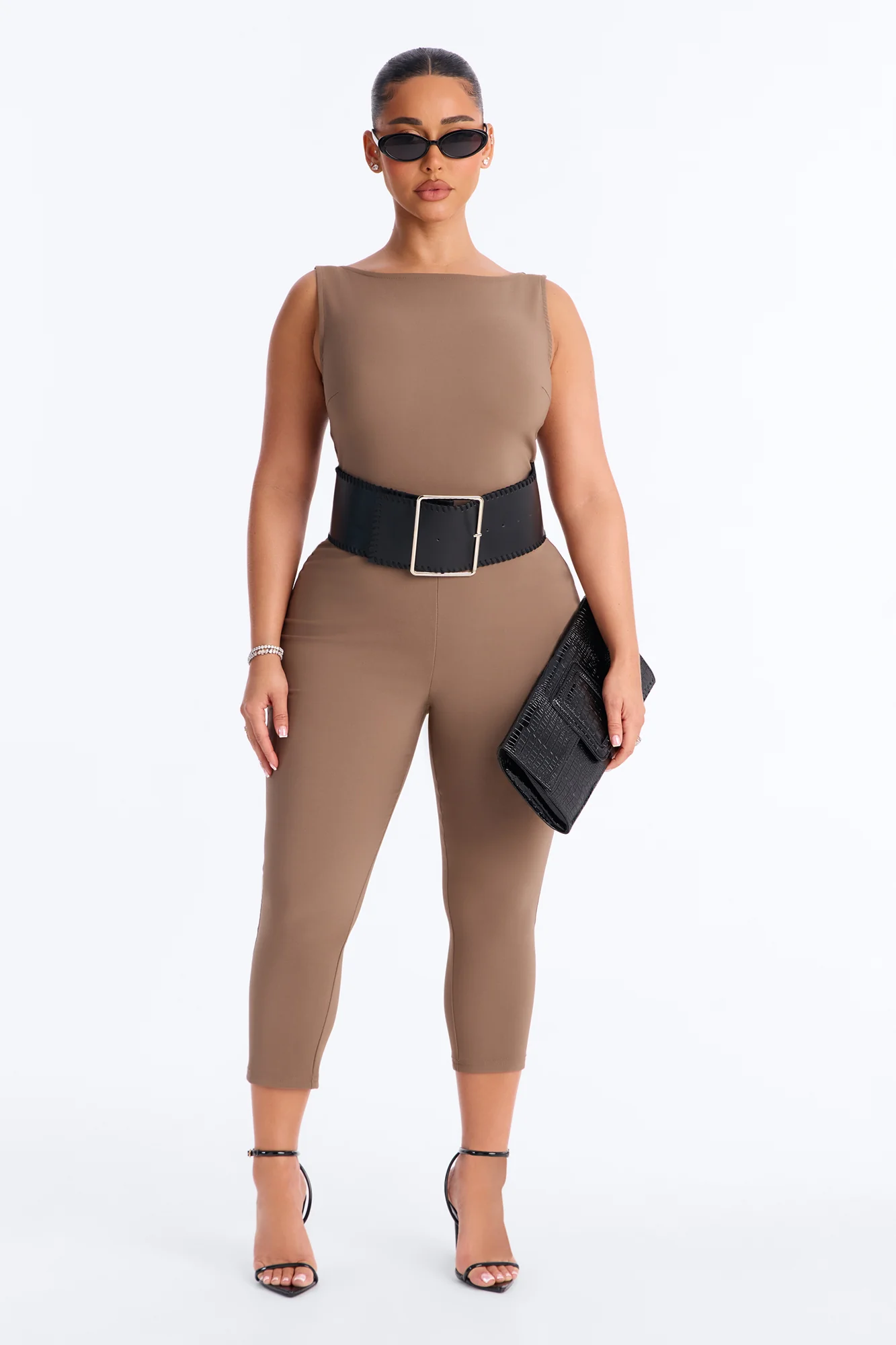 Amaya Boat Neck Belted Capri Jumpsuit - Taupe - Image 2