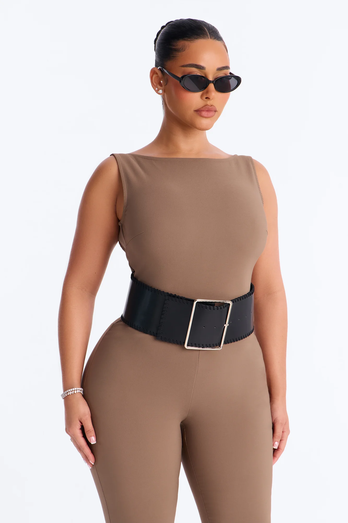 Amaya Boat Neck Belted Capri Jumpsuit - Taupe - Image 3