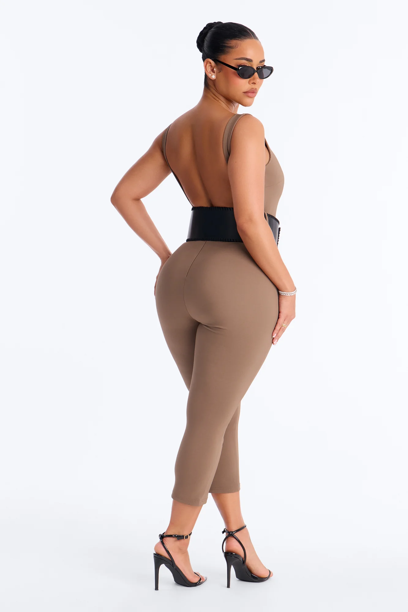 Amaya Boat Neck Belted Capri Jumpsuit - Taupe - Image 5
