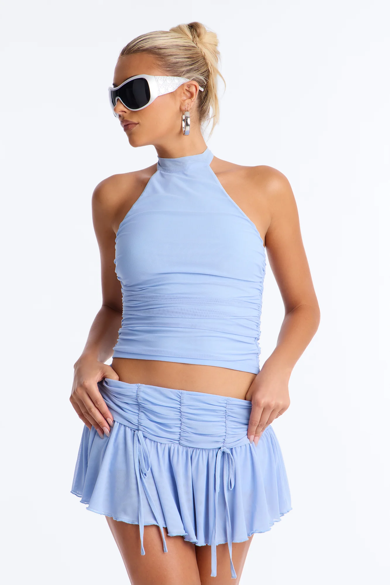 Amaya Mesh Halter Mini Skirt Set - Blue - Image 4