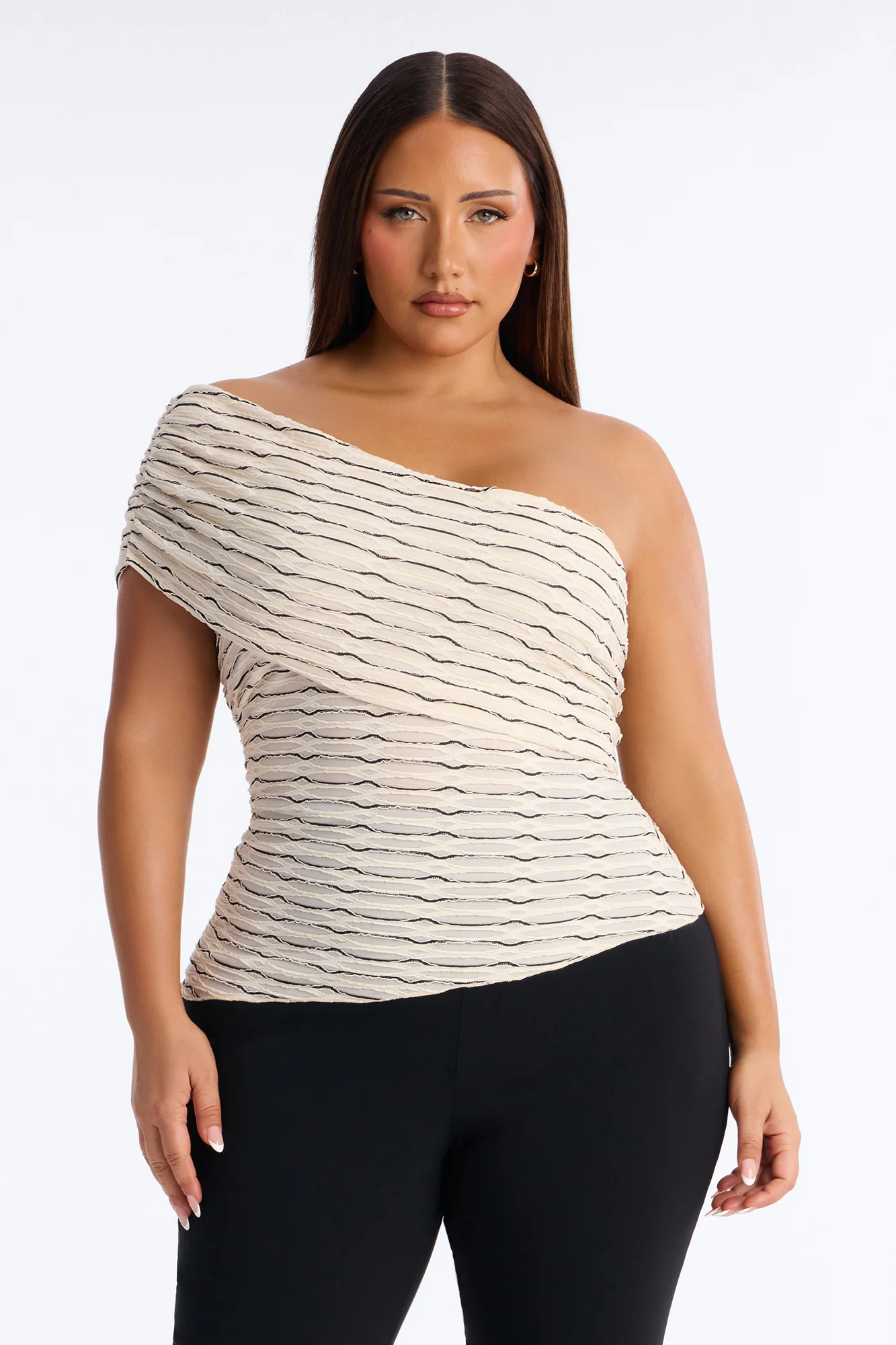Amaya Textured One Shoulder Short Sleeve Top - Ivory/combo - Image 5