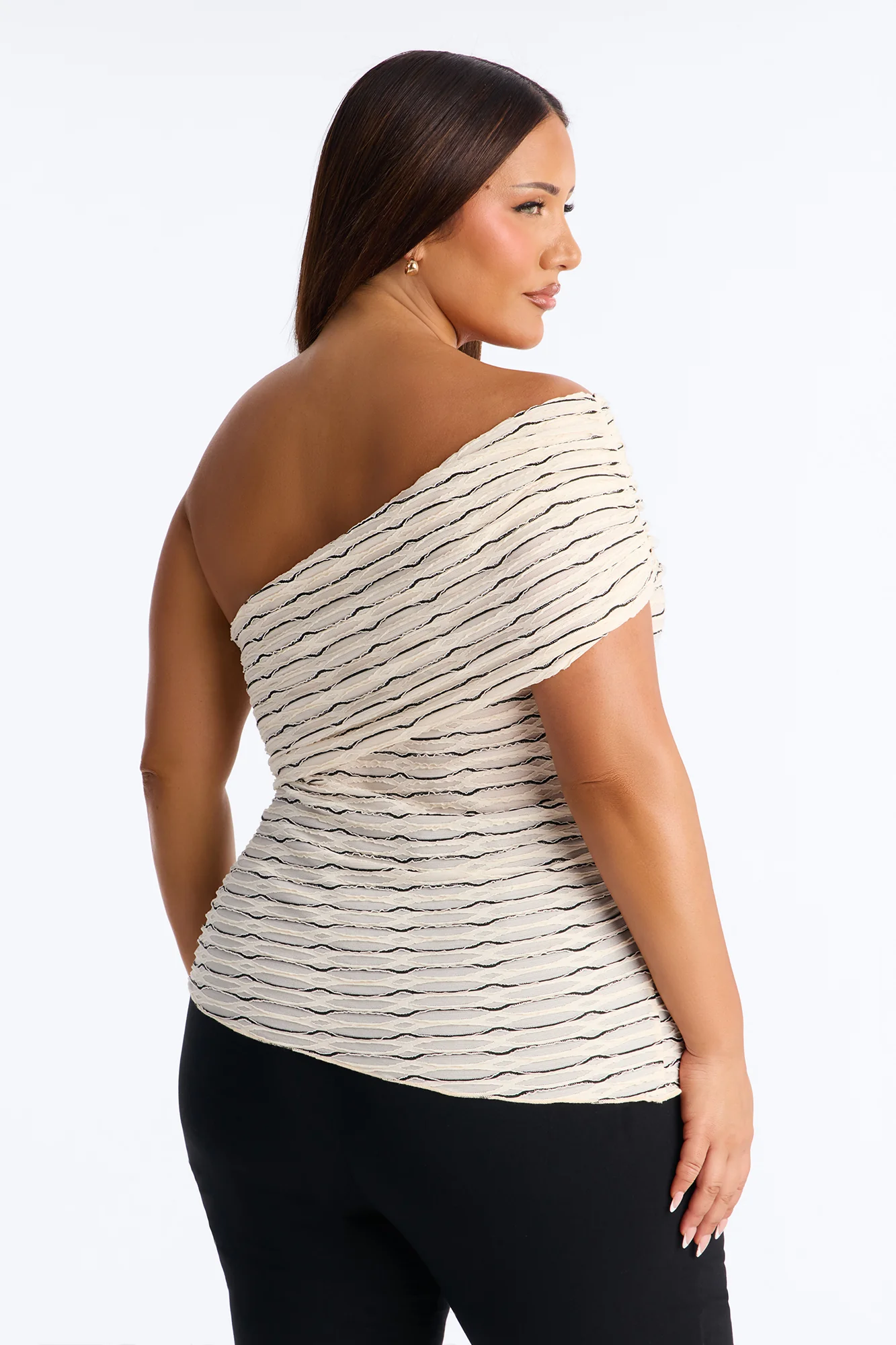 Amaya Textured One Shoulder Short Sleeve Top - Ivory/combo - Image 8