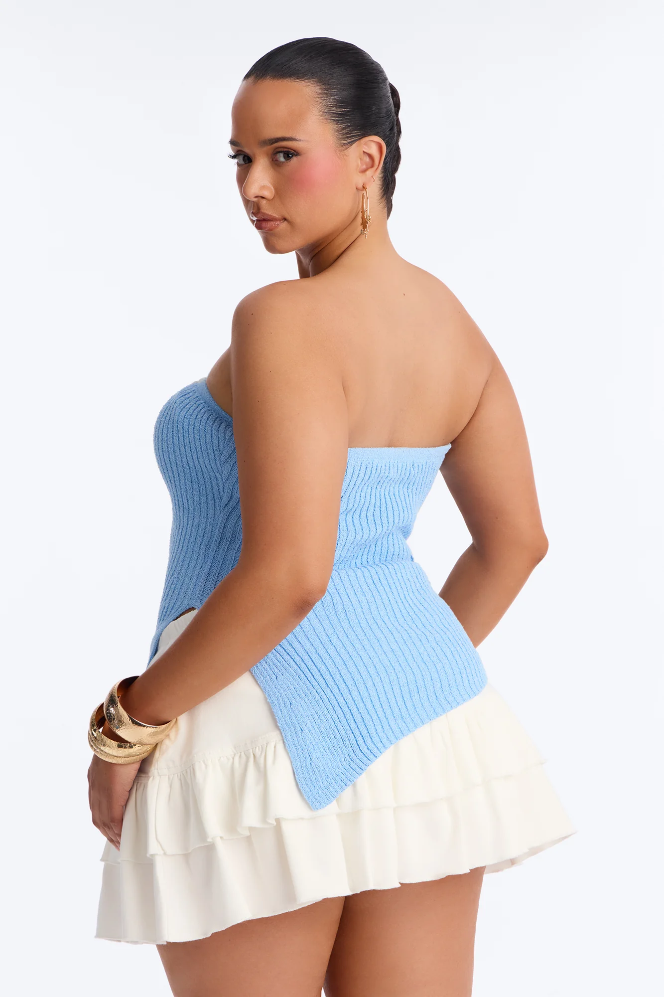 Amelia Asymmetric Strapless Sweater Top - Blue - Image 8
