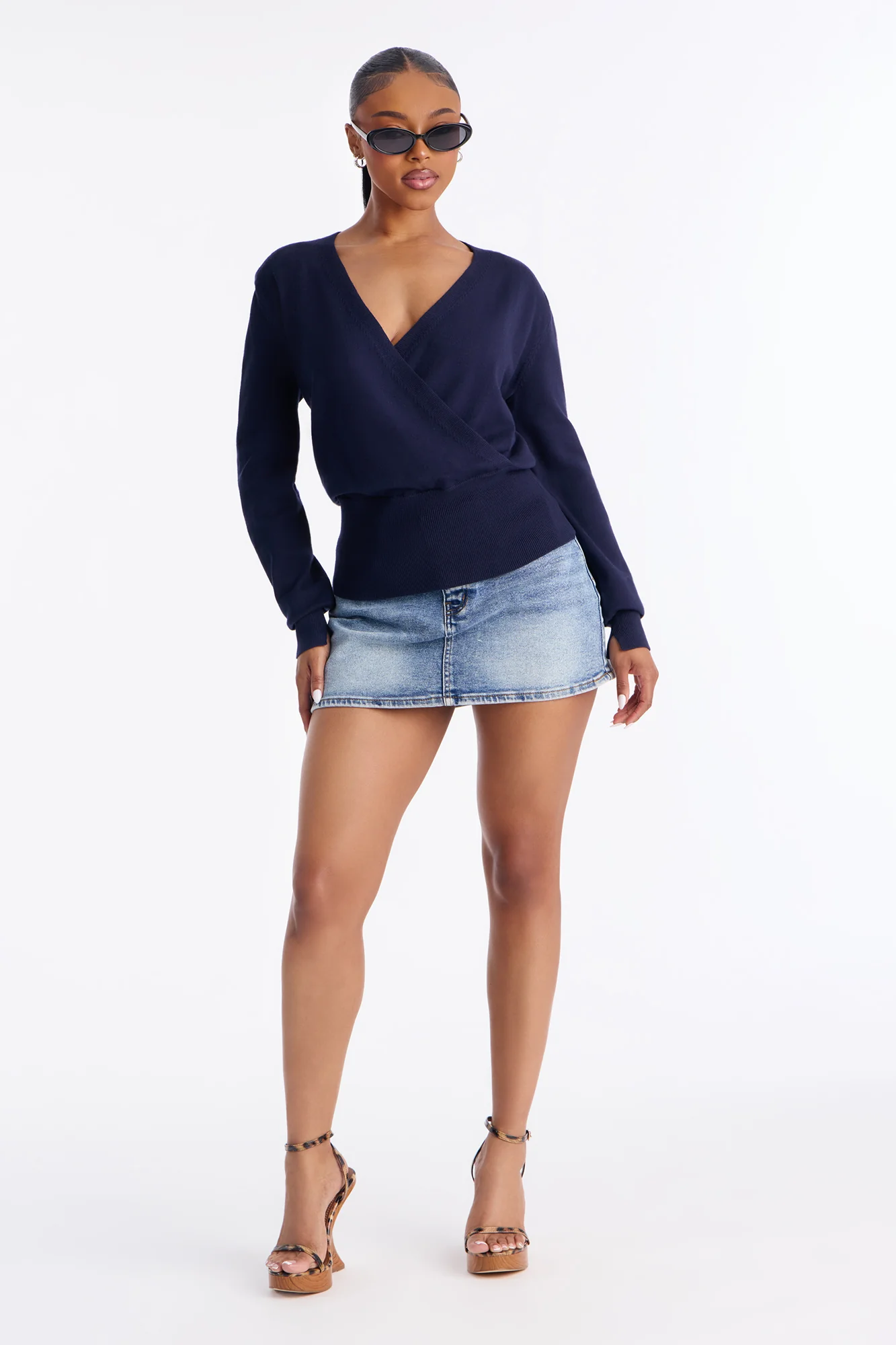 Amelia Shoulder Pads Surplice Sweater Top - Navy - Image 2