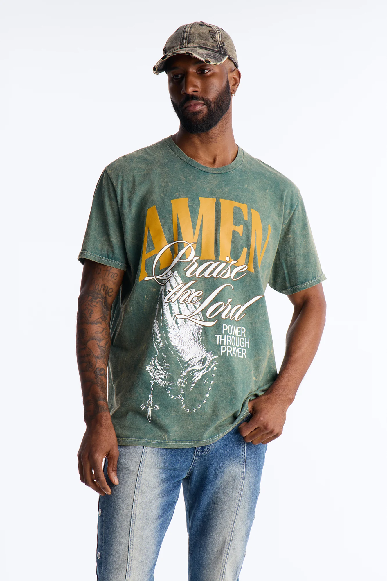 Amen Praise The Lord Rosary Studded Detail Graphic Short Sleeve Tee - Hunter Green
