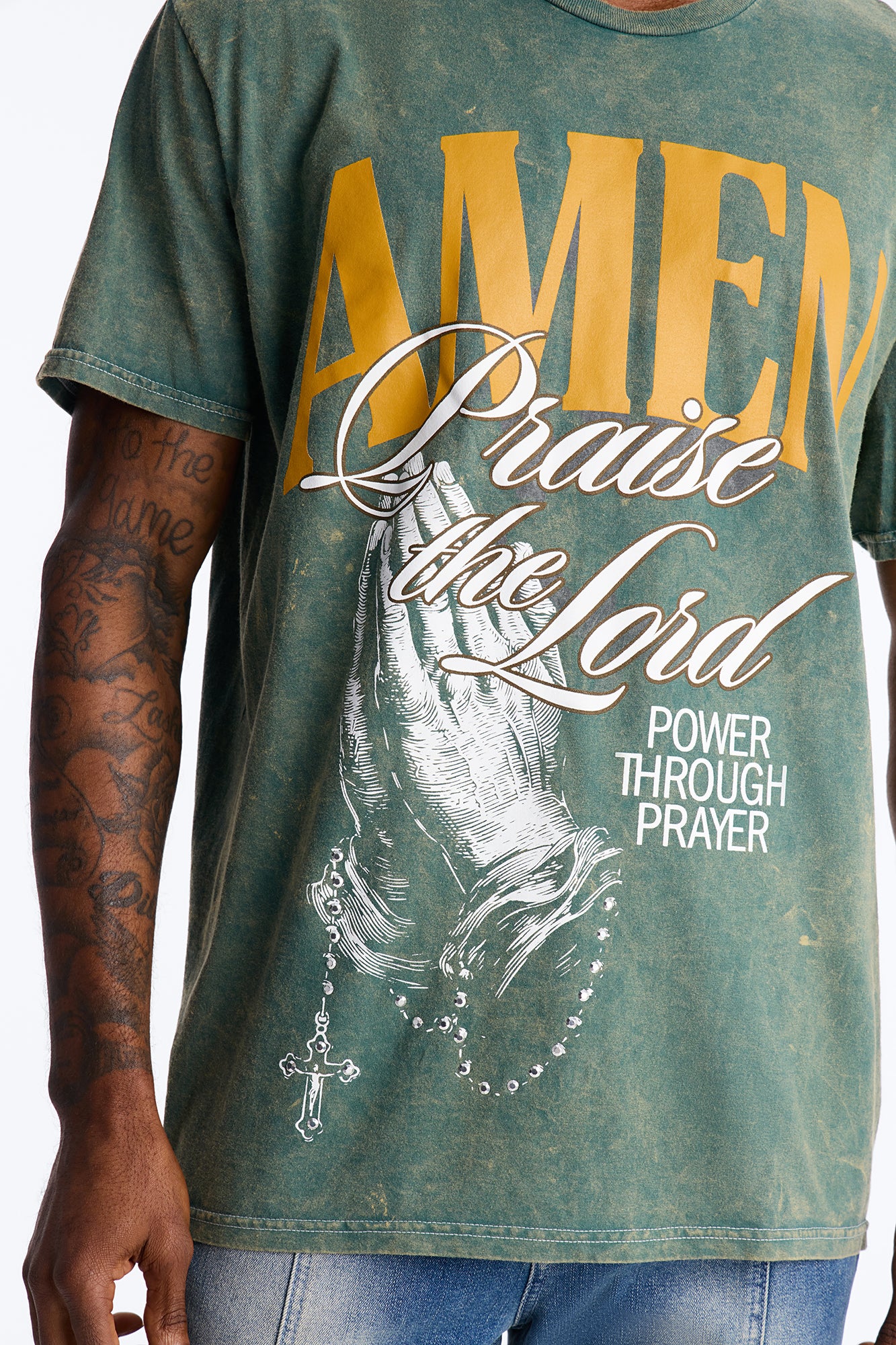 Amen Praise The Lord Rosary Studded Detail Graphic Short Sleeve Tee - Hunter Green - Image 3