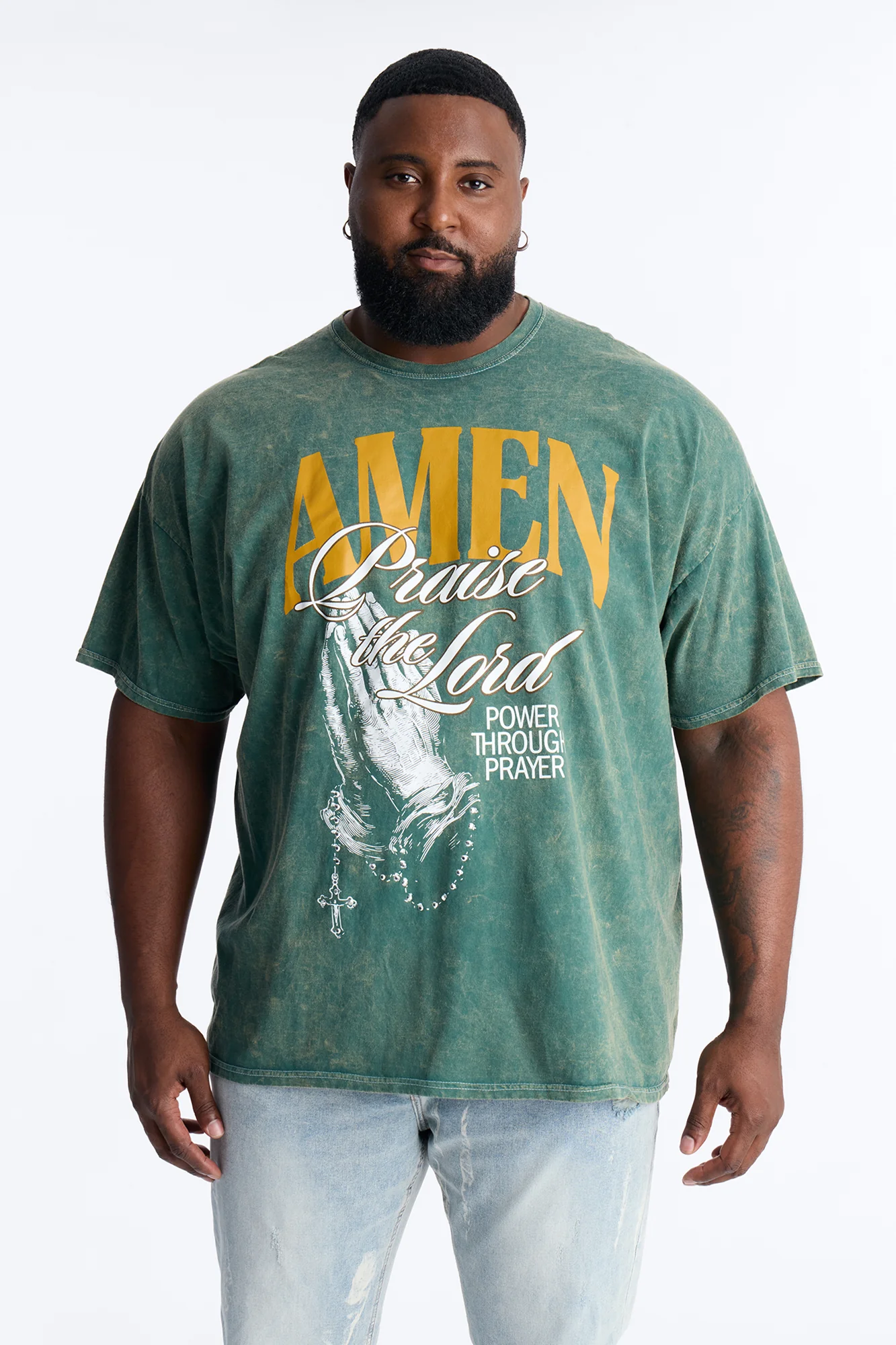 Amen Praise The Lord Rosary Studded Detail Graphic Short Sleeve Tee - Hunter Green - Image 5