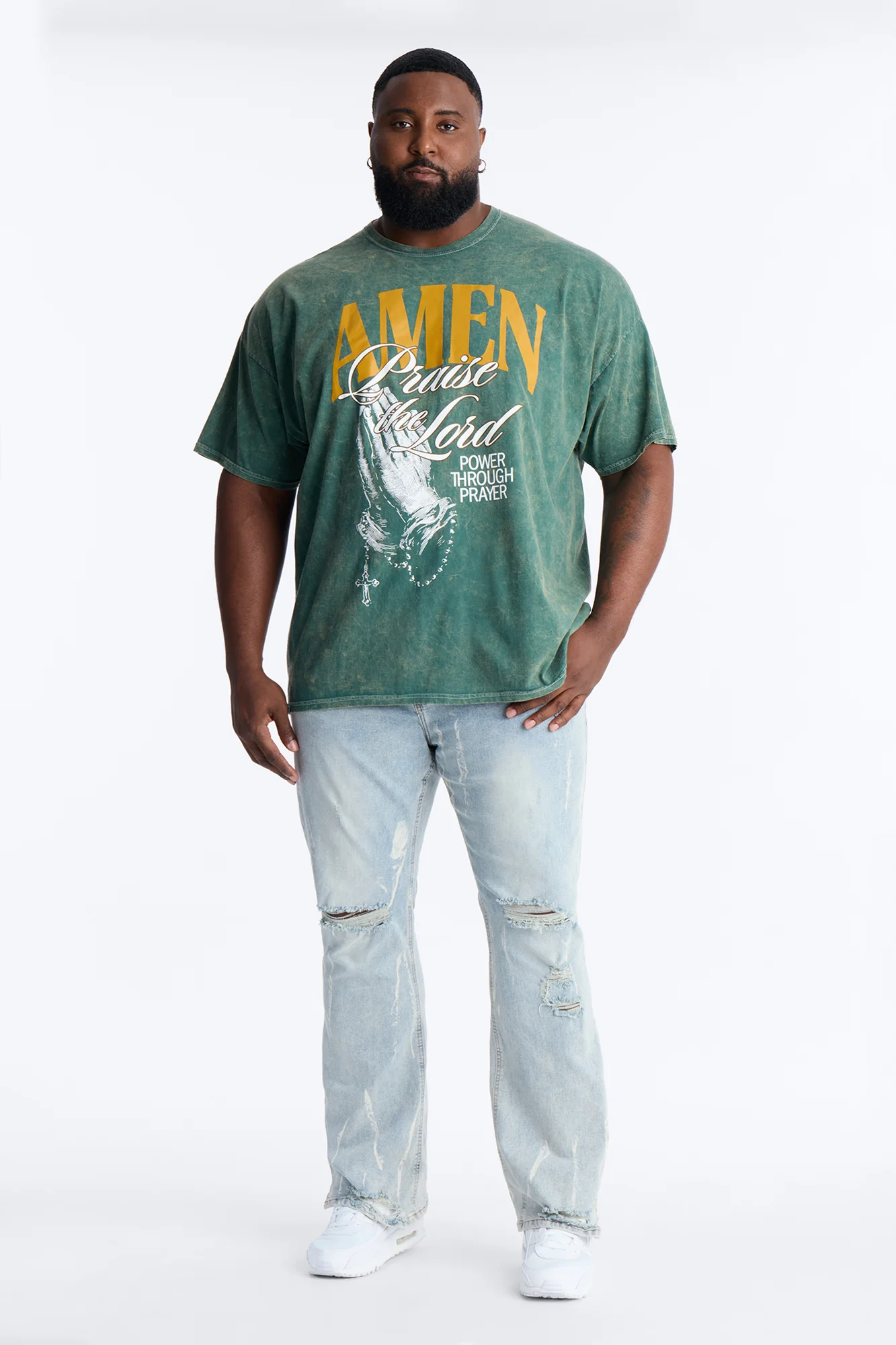 Amen Praise The Lord Rosary Studded Detail Graphic Short Sleeve Tee - Hunter Green - Image 6