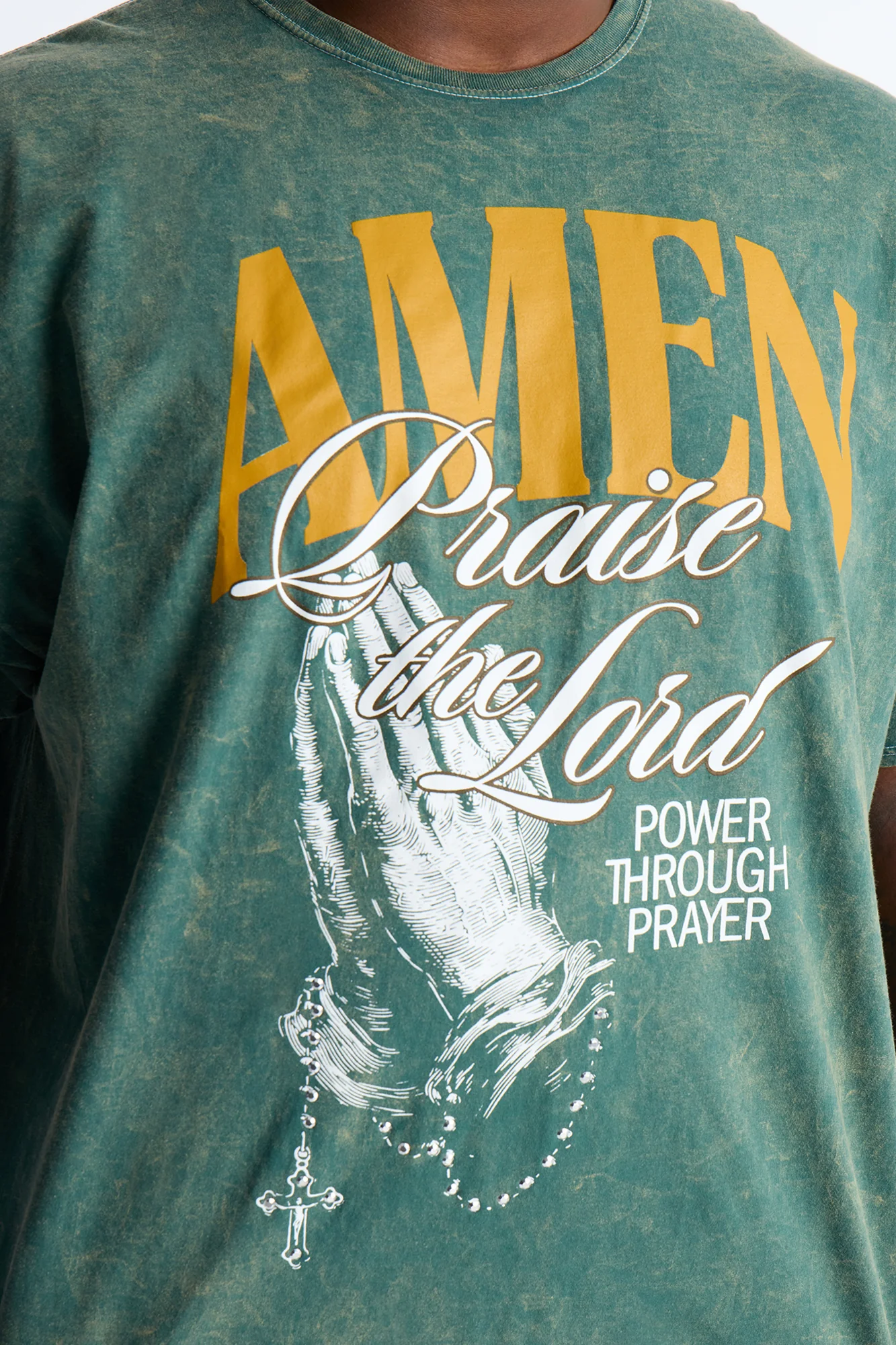 Amen Praise The Lord Rosary Studded Detail Graphic Short Sleeve Tee - Hunter Green - Image 7