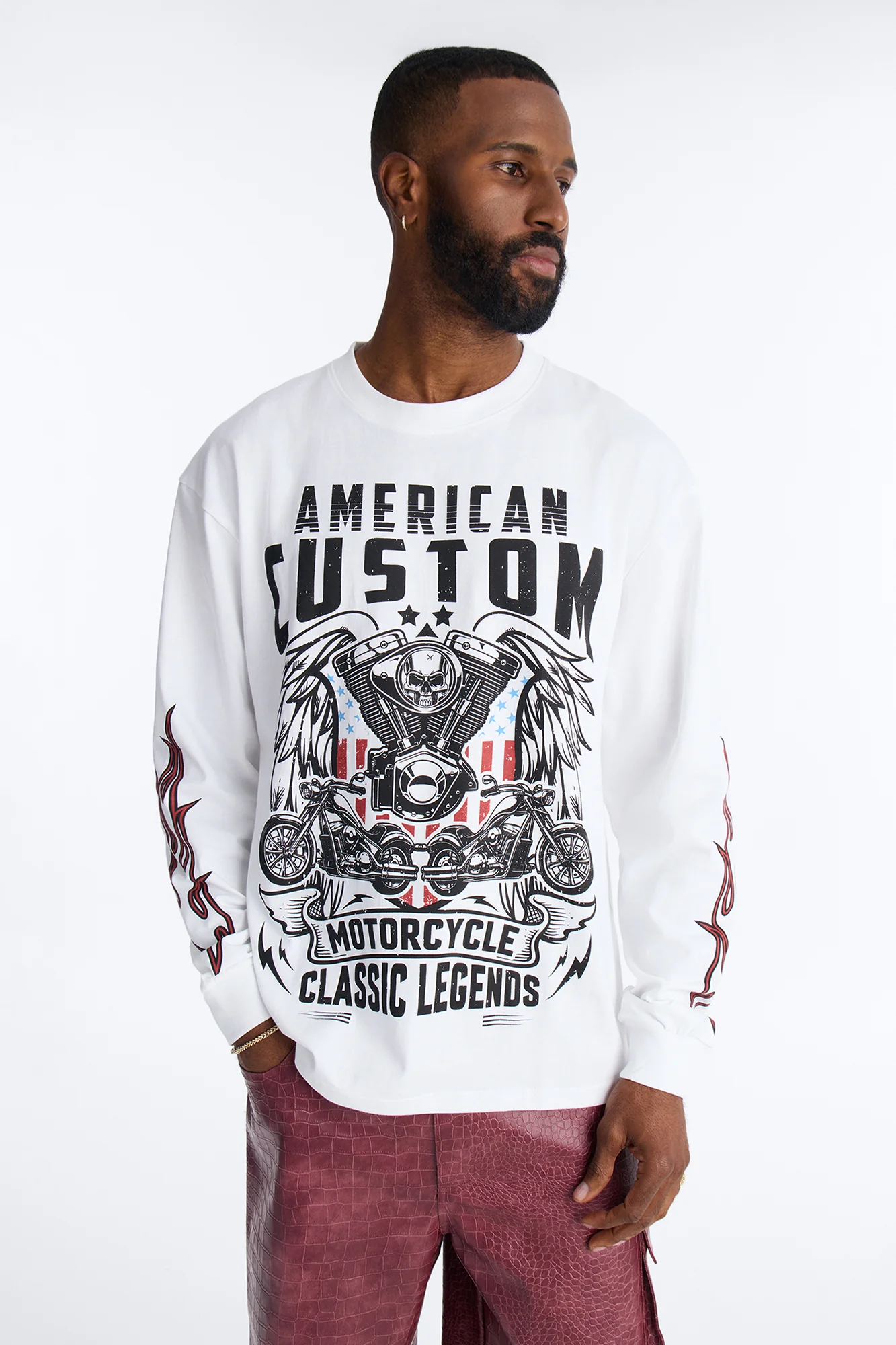 American Custom Motorcycle Oversized Long Sleeve Tee - White