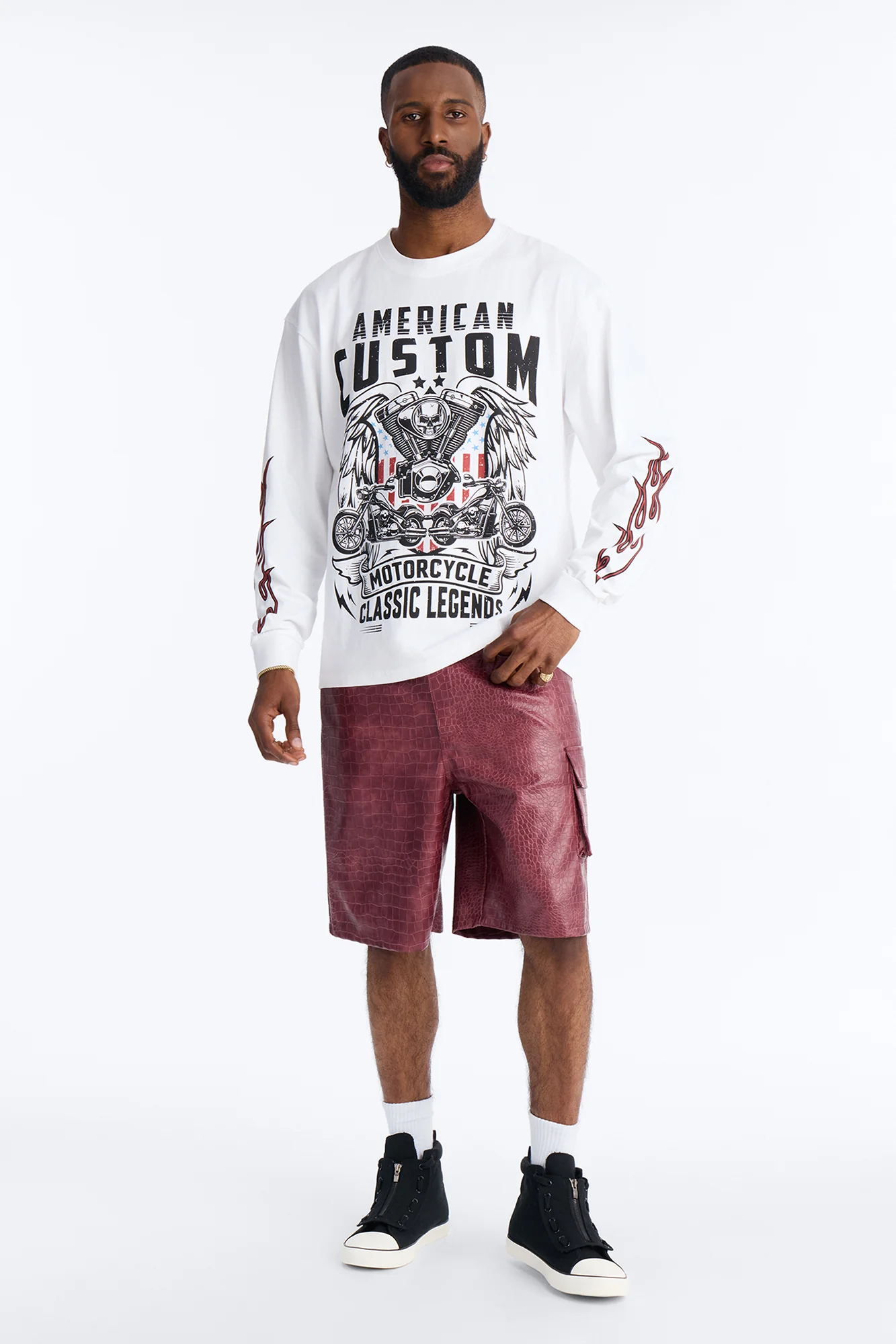 American Custom Motorcycle Oversized Long Sleeve Tee - White - Image 2