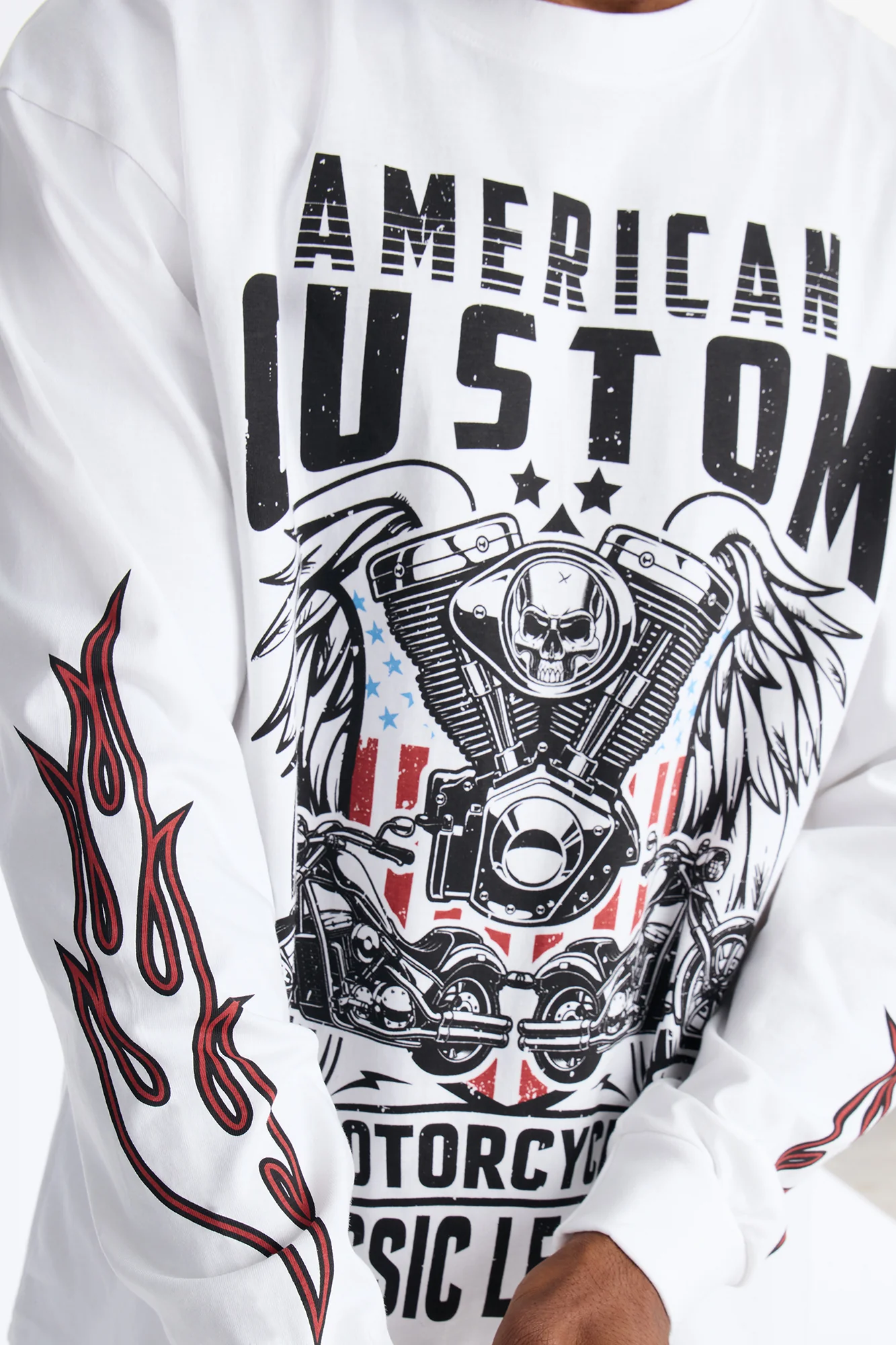American Custom Motorcycle Oversized Long Sleeve Tee - White - Image 3