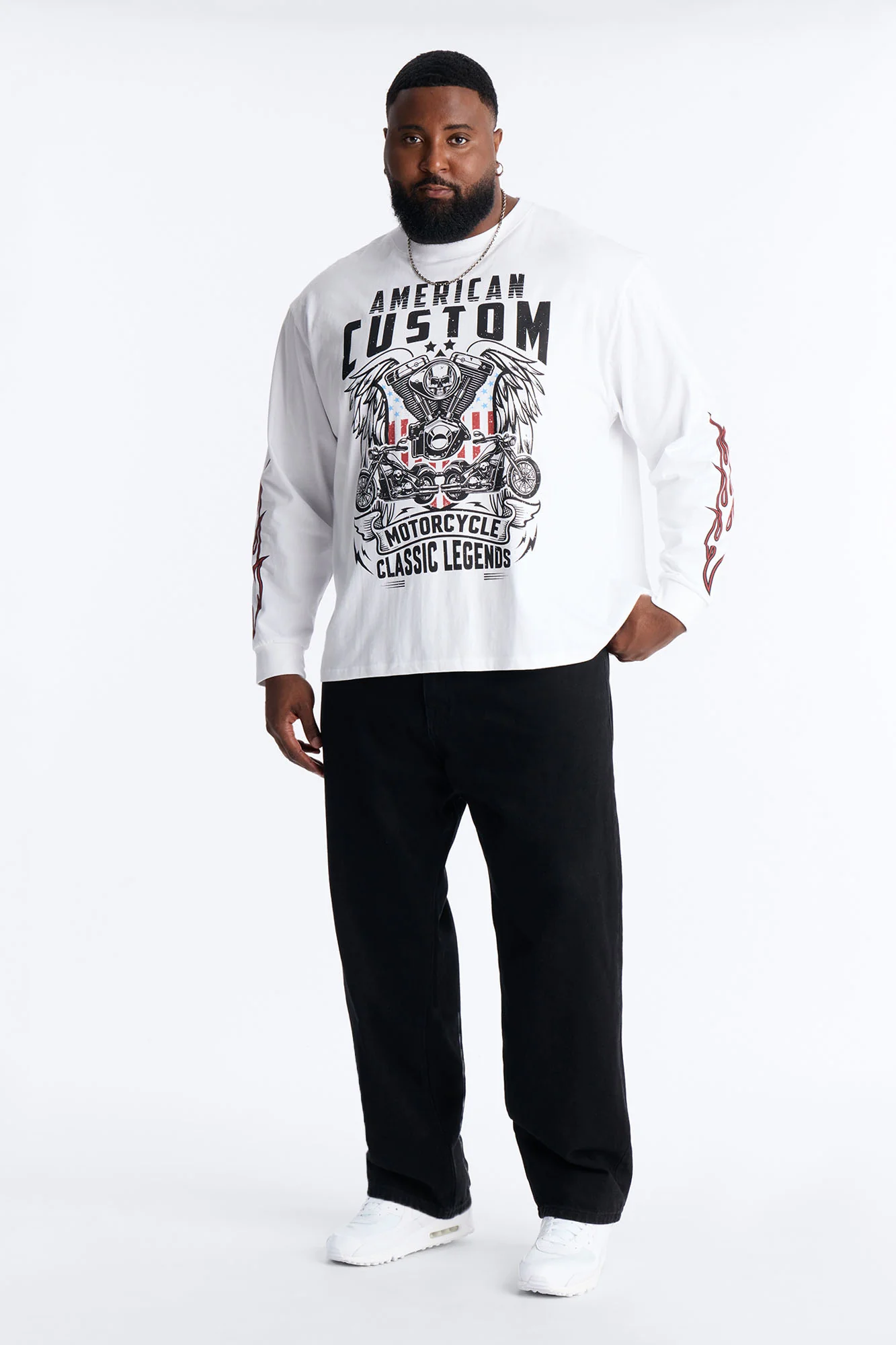 American Custom Motorcycle Oversized Long Sleeve Tee - White - Image 6