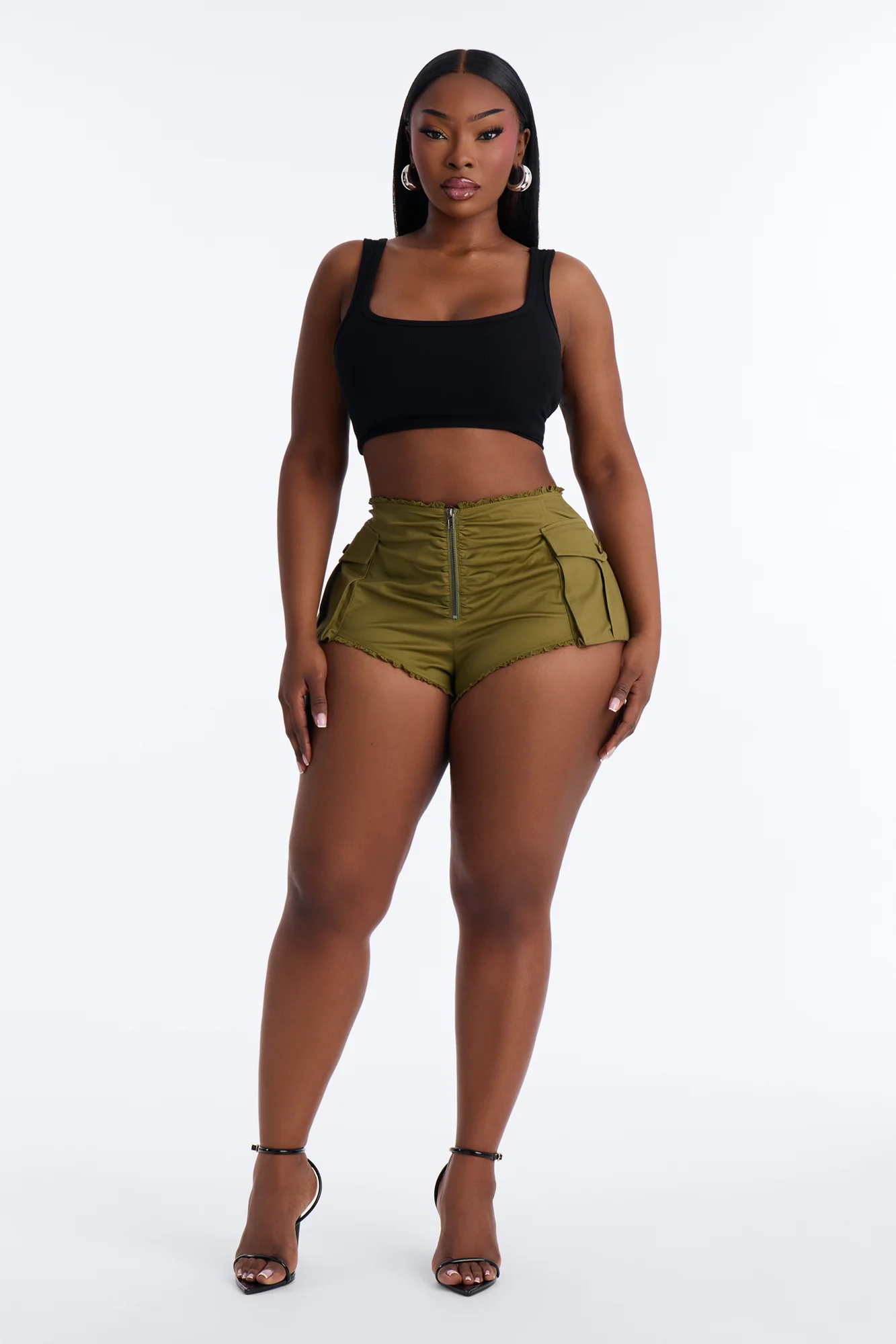 Amira Cargo Ruffle Hem Micro Short - Olive - Image 5