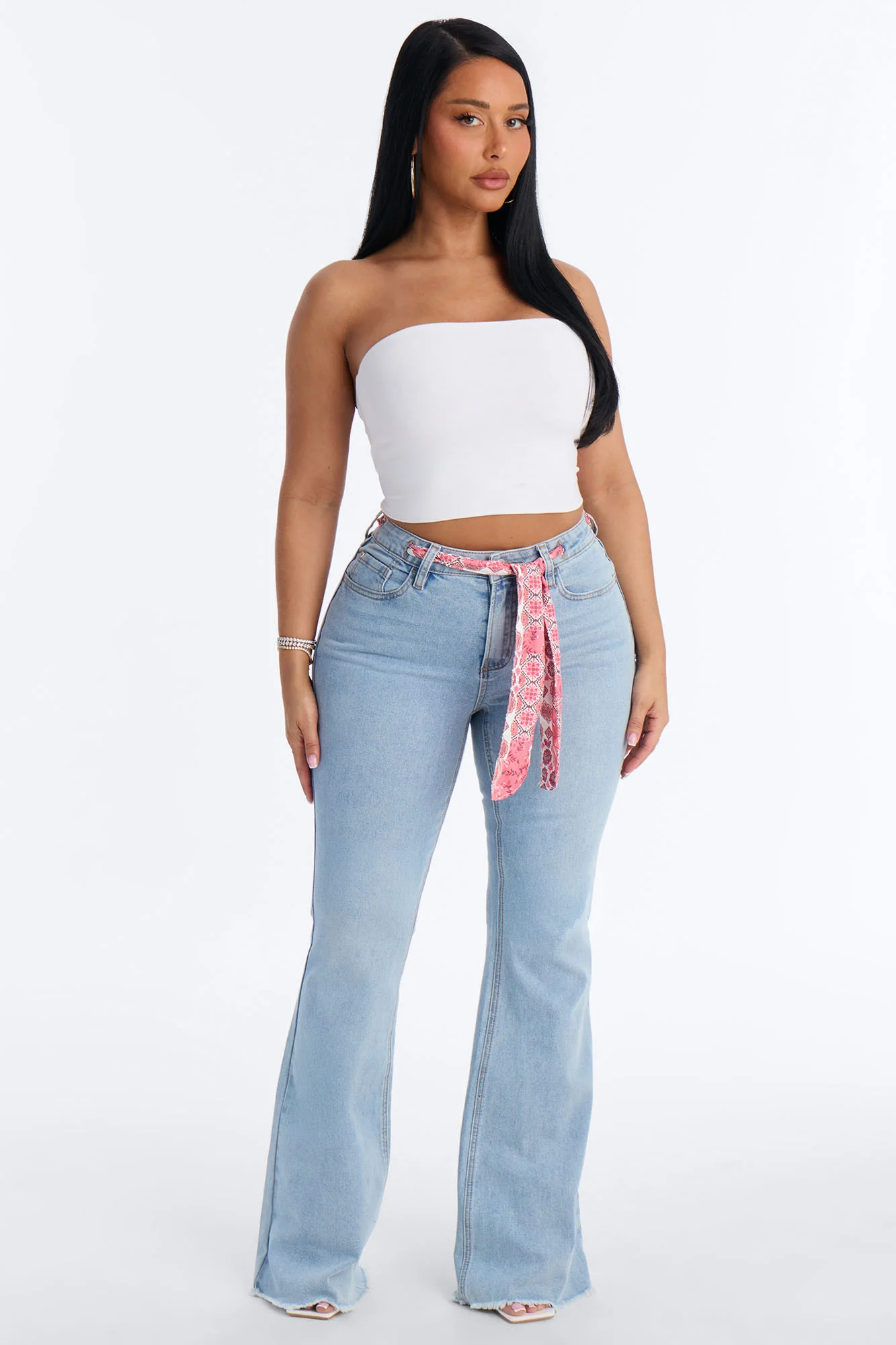 Amore Mio Belted Scarf Flare Jeans - Light Wash