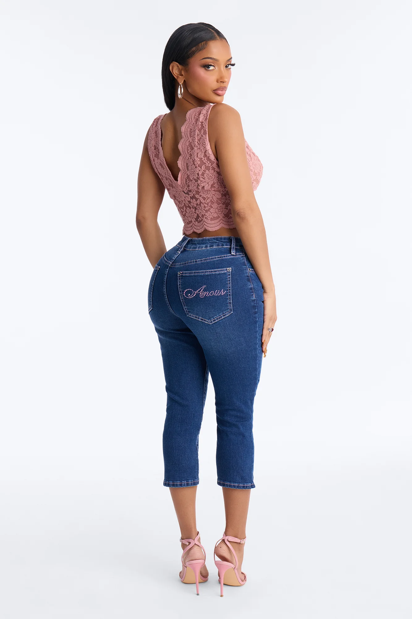 Amour Rhinestone Embellished Capri Jeans - Dark Wash