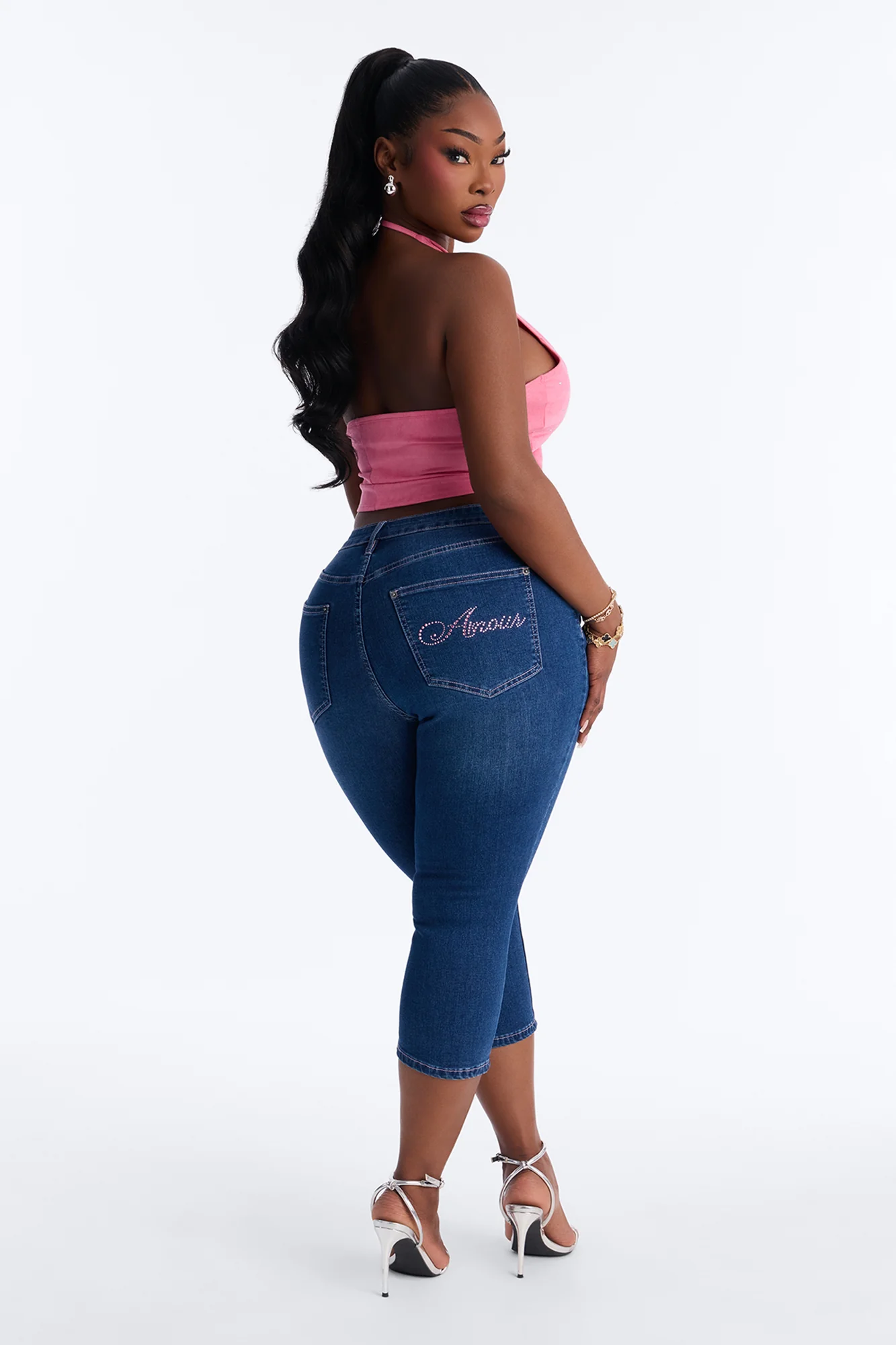 Amour Rhinestone Embellished Capri Jeans - Dark Wash - Image 6
