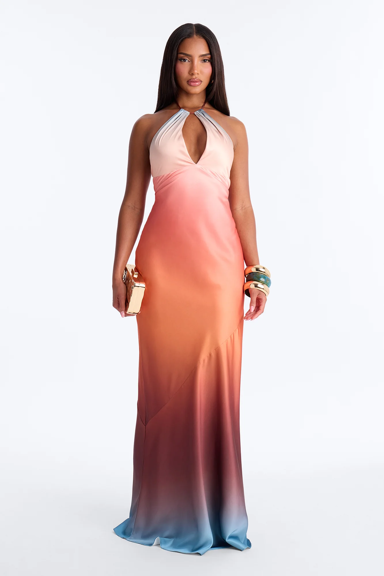 Analise Ombre Satin Maxi Dress - Coral/combo