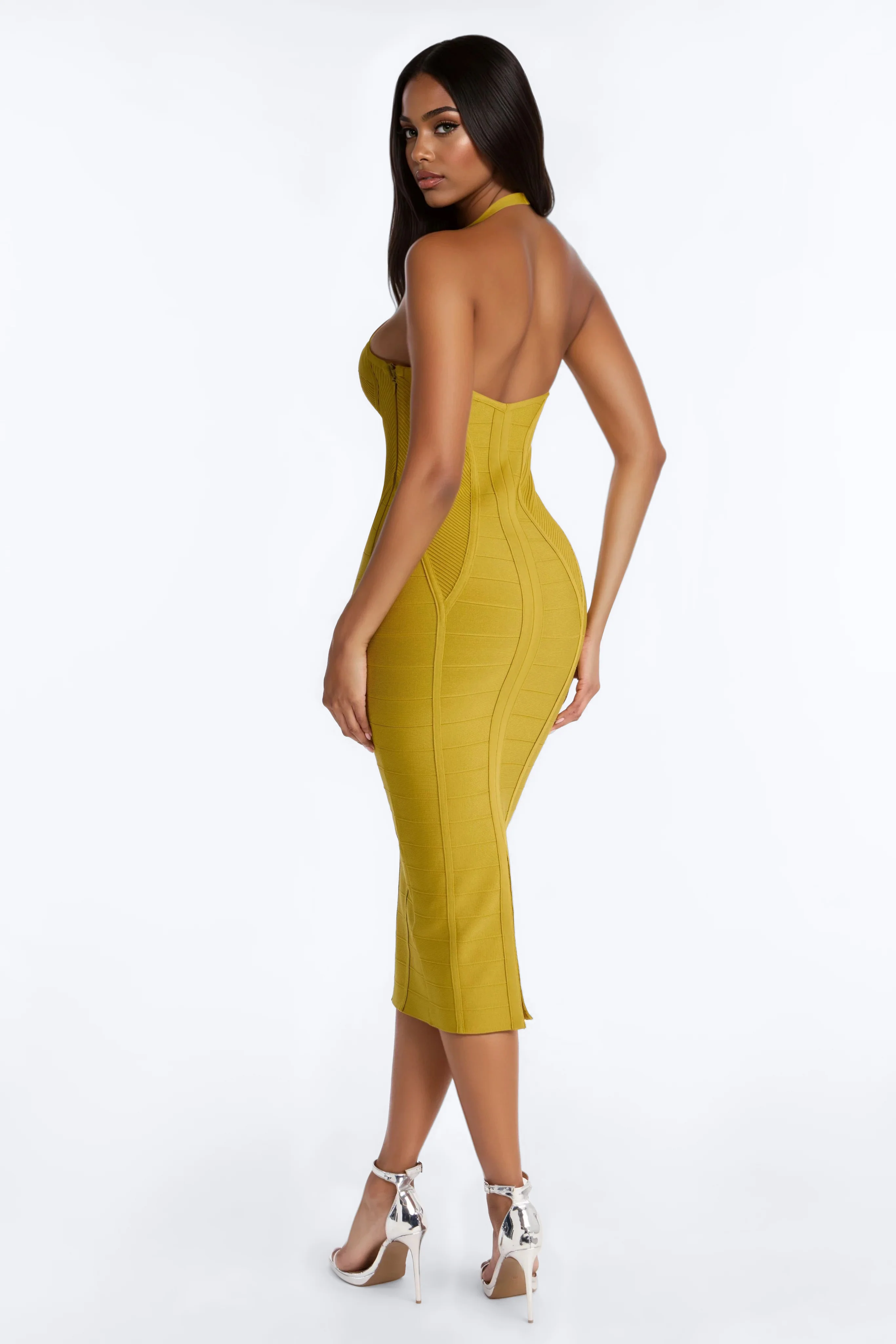Anastasia Halter Bandage Midi Dress - Chartreuse - Image 4