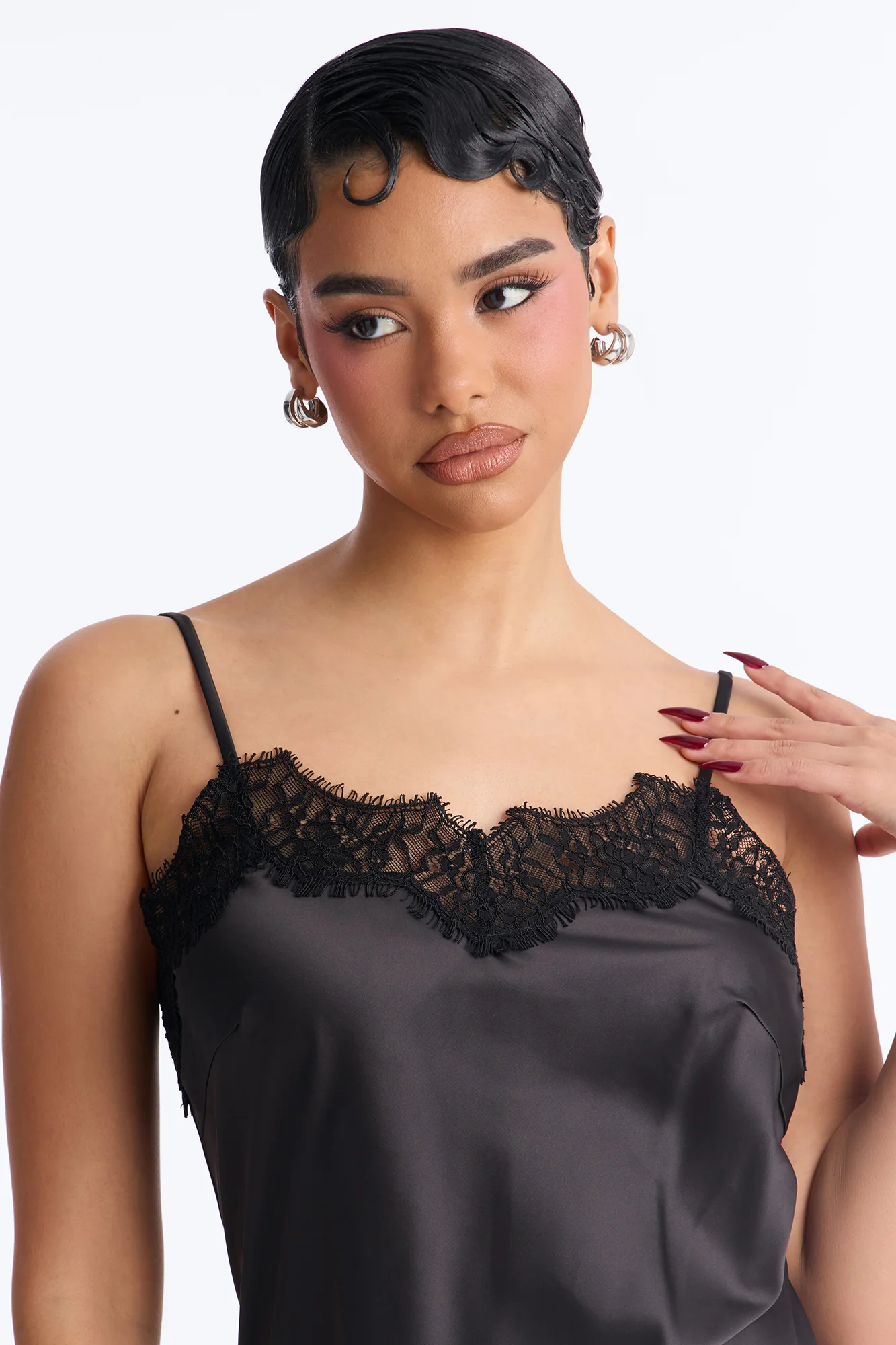 Anastasia Lace Trim Stretch Satin Mini Dress - Black - Image 4
