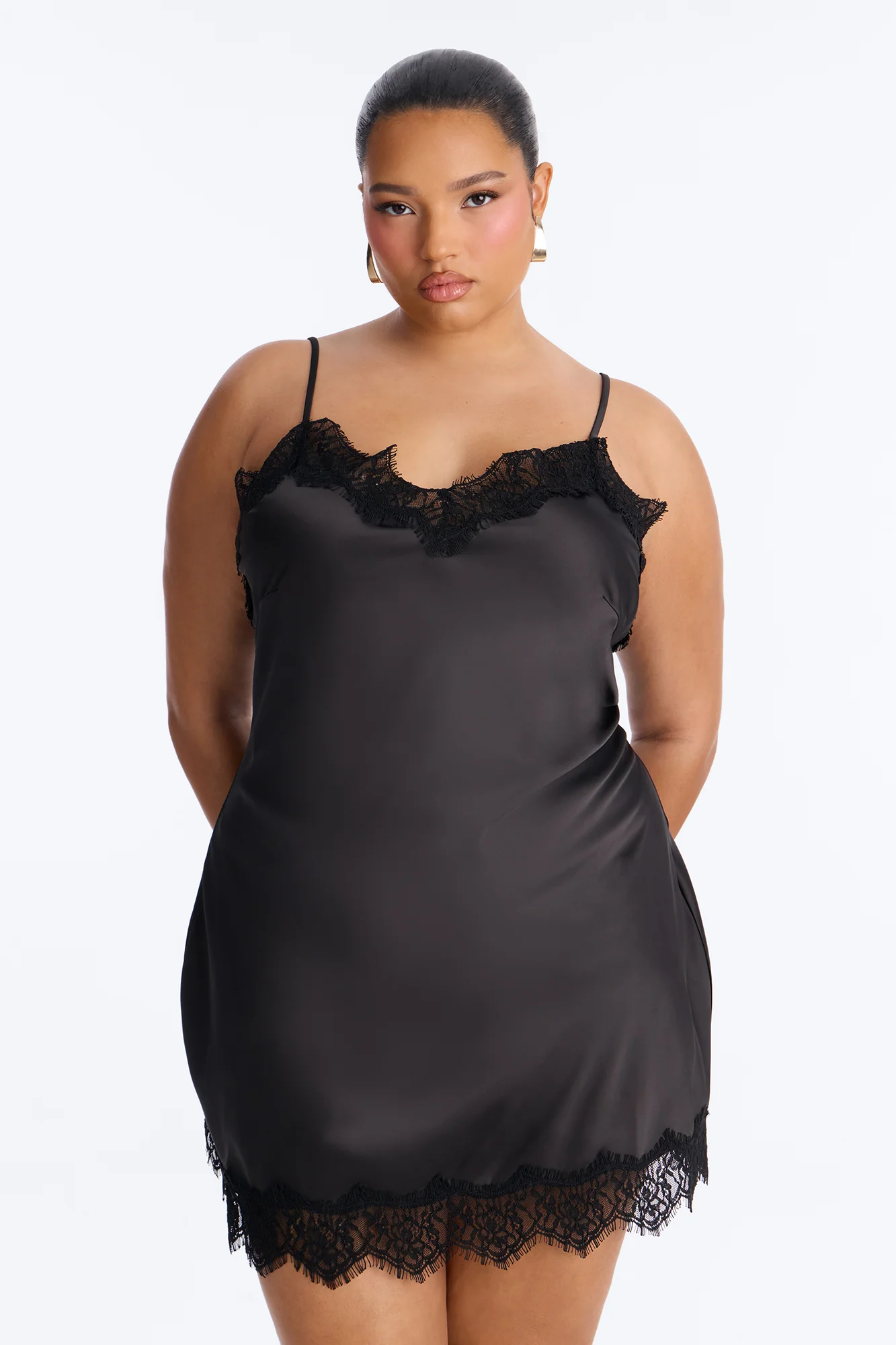 Anastasia Lace Trim Stretch Satin Mini Dress - Black - Image 6