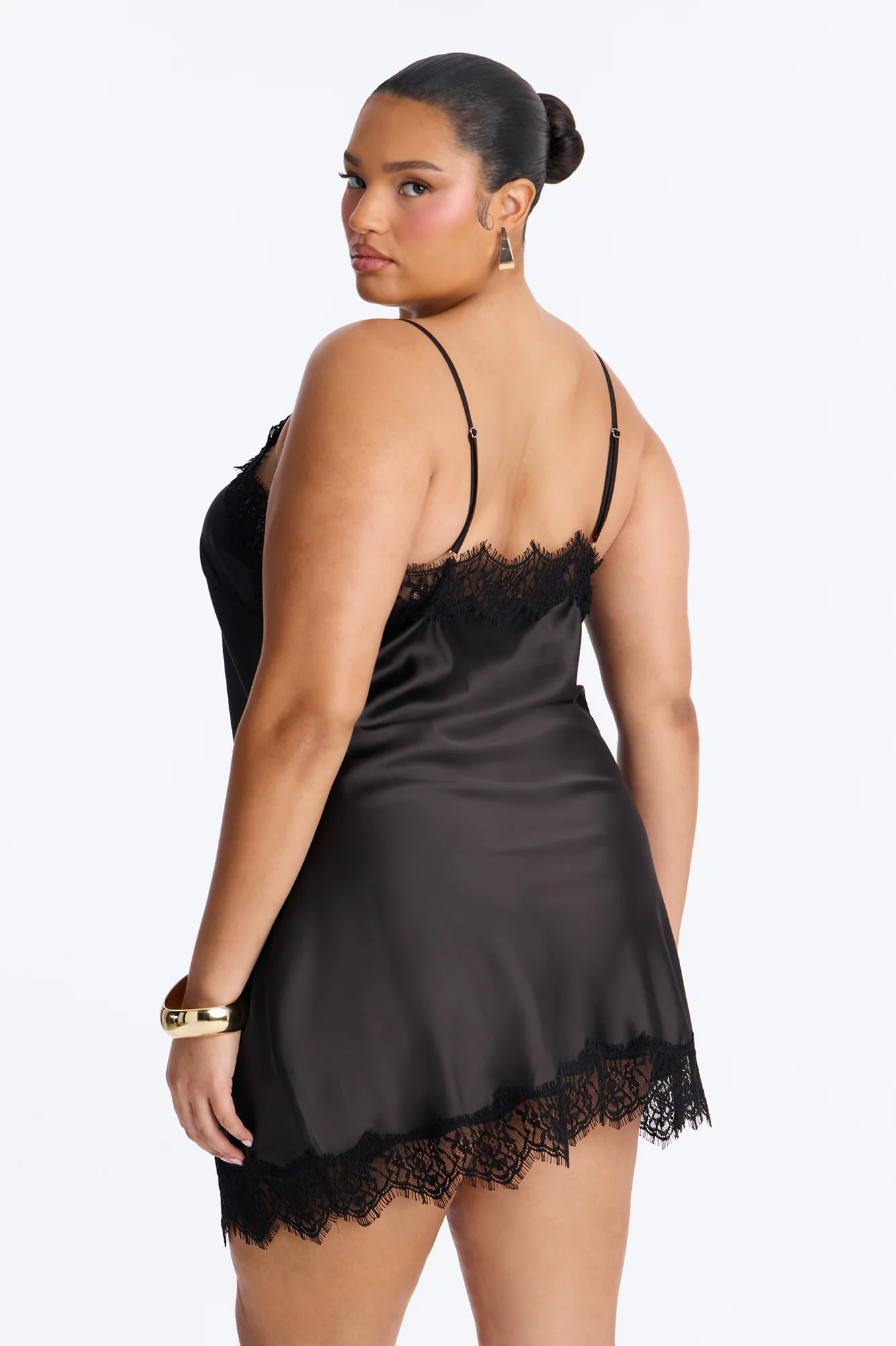 Anastasia Lace Trim Stretch Satin Mini Dress - Black - Image 8