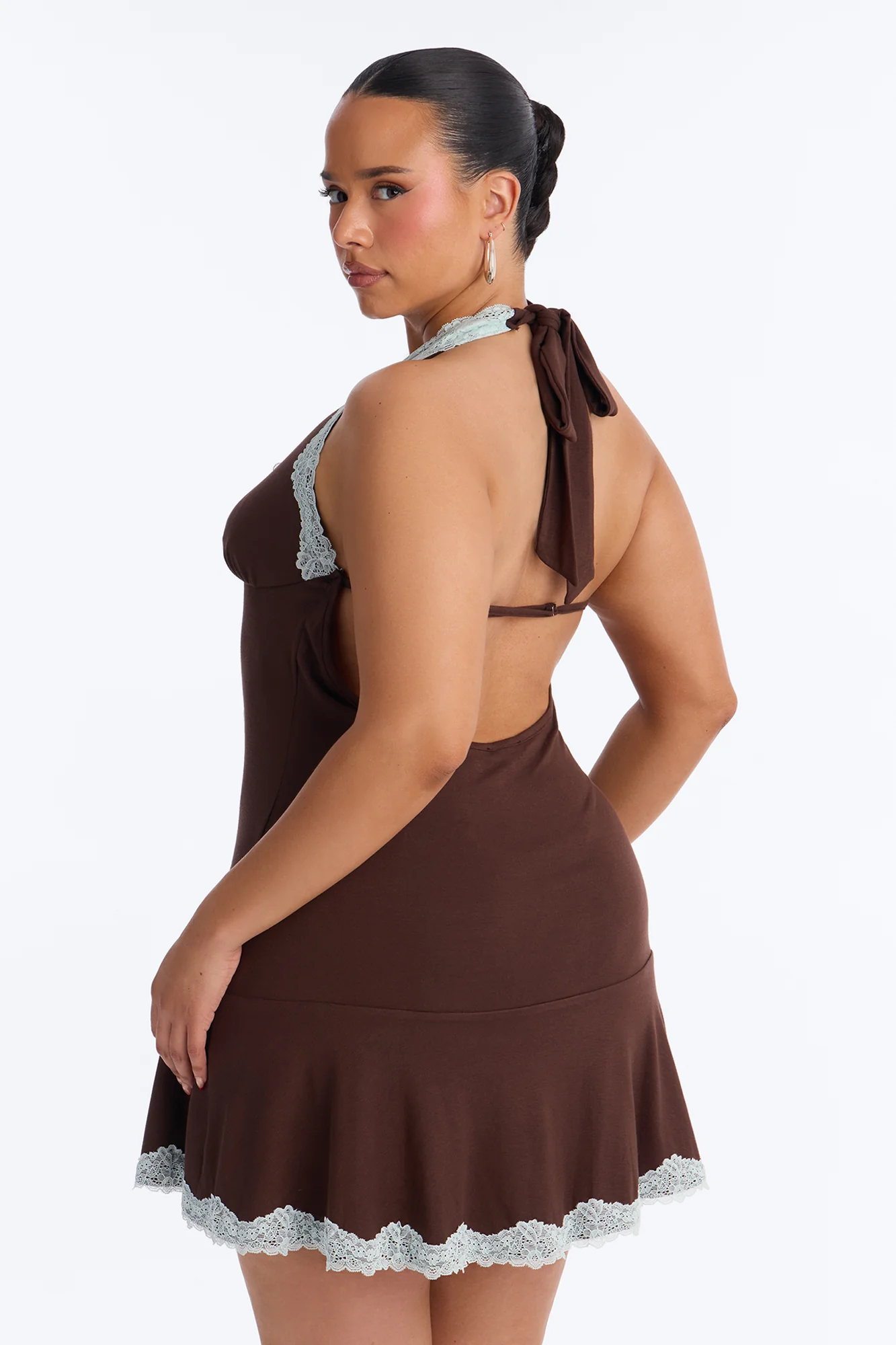Andi Lace Trim Halter Mini Dress - Chocolate/Combo - Image 8