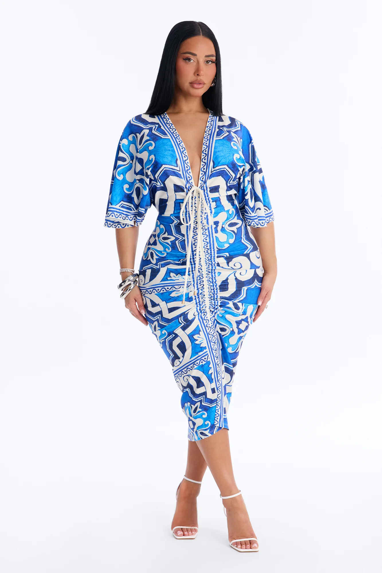 Andrea Printed Ruched Midi Dress - Blue/combo