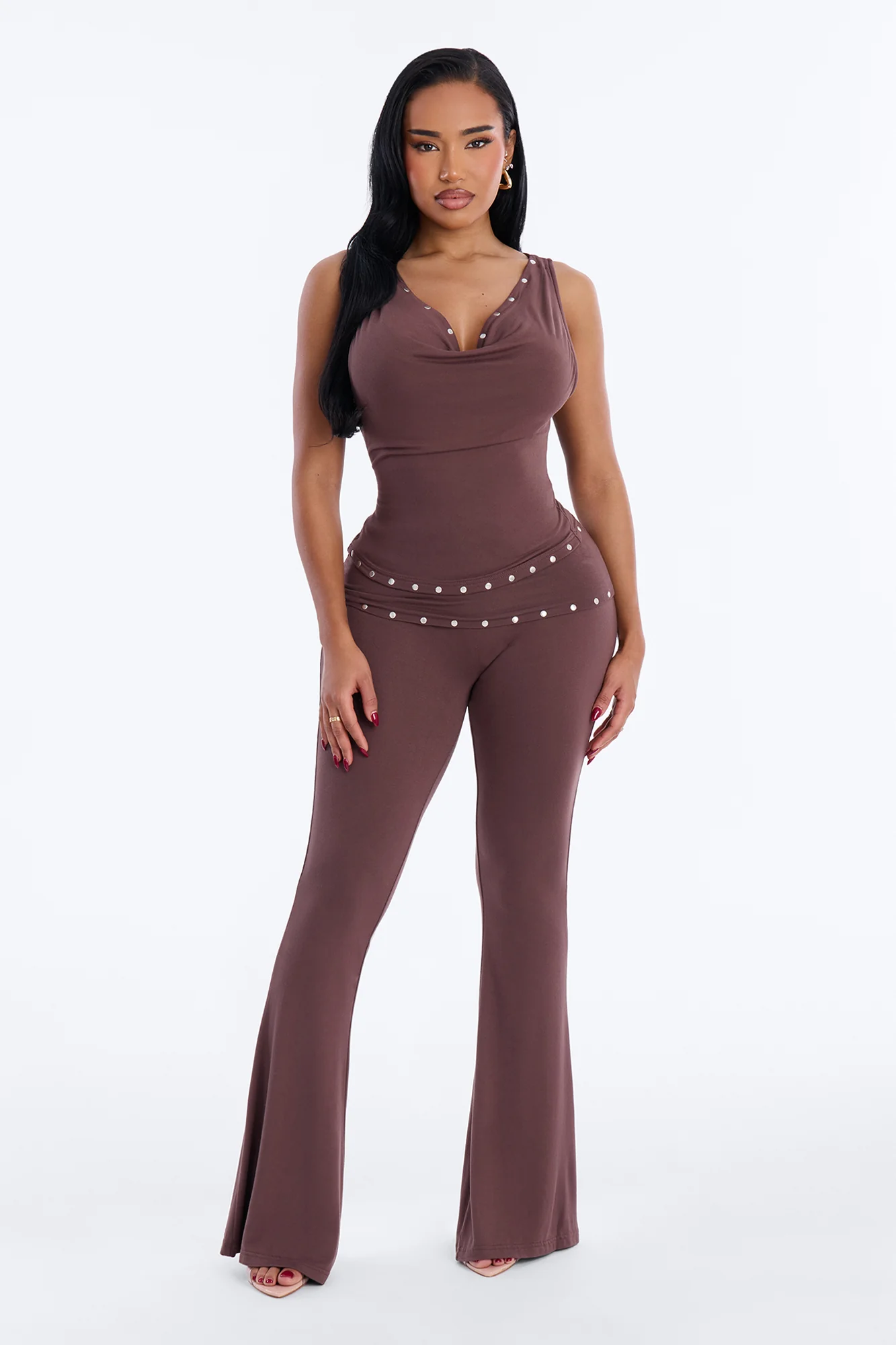 Anette Studded Flare Pant Set - Brown