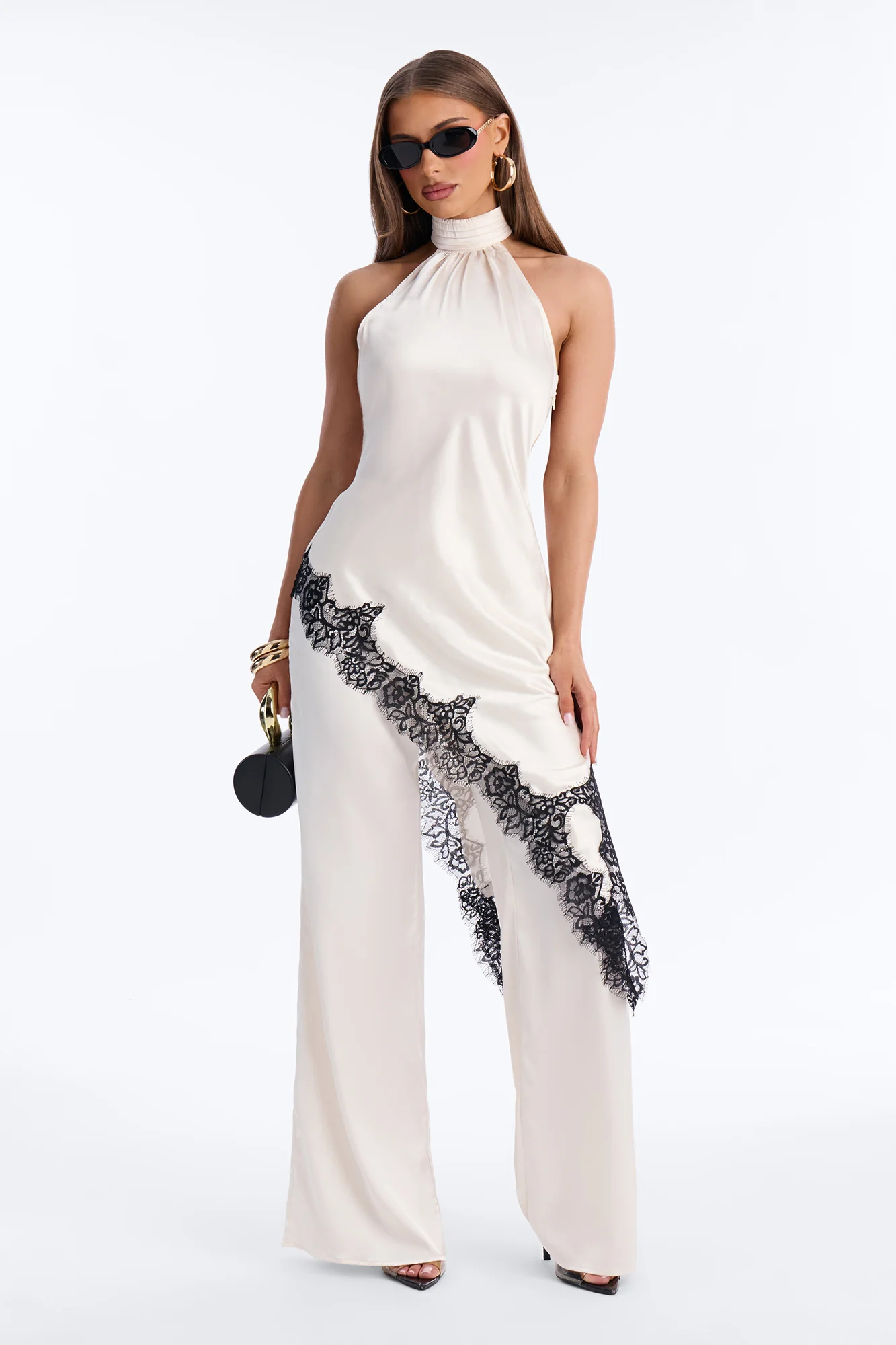 Angela Satin Lace Trim Pant Set - Cream