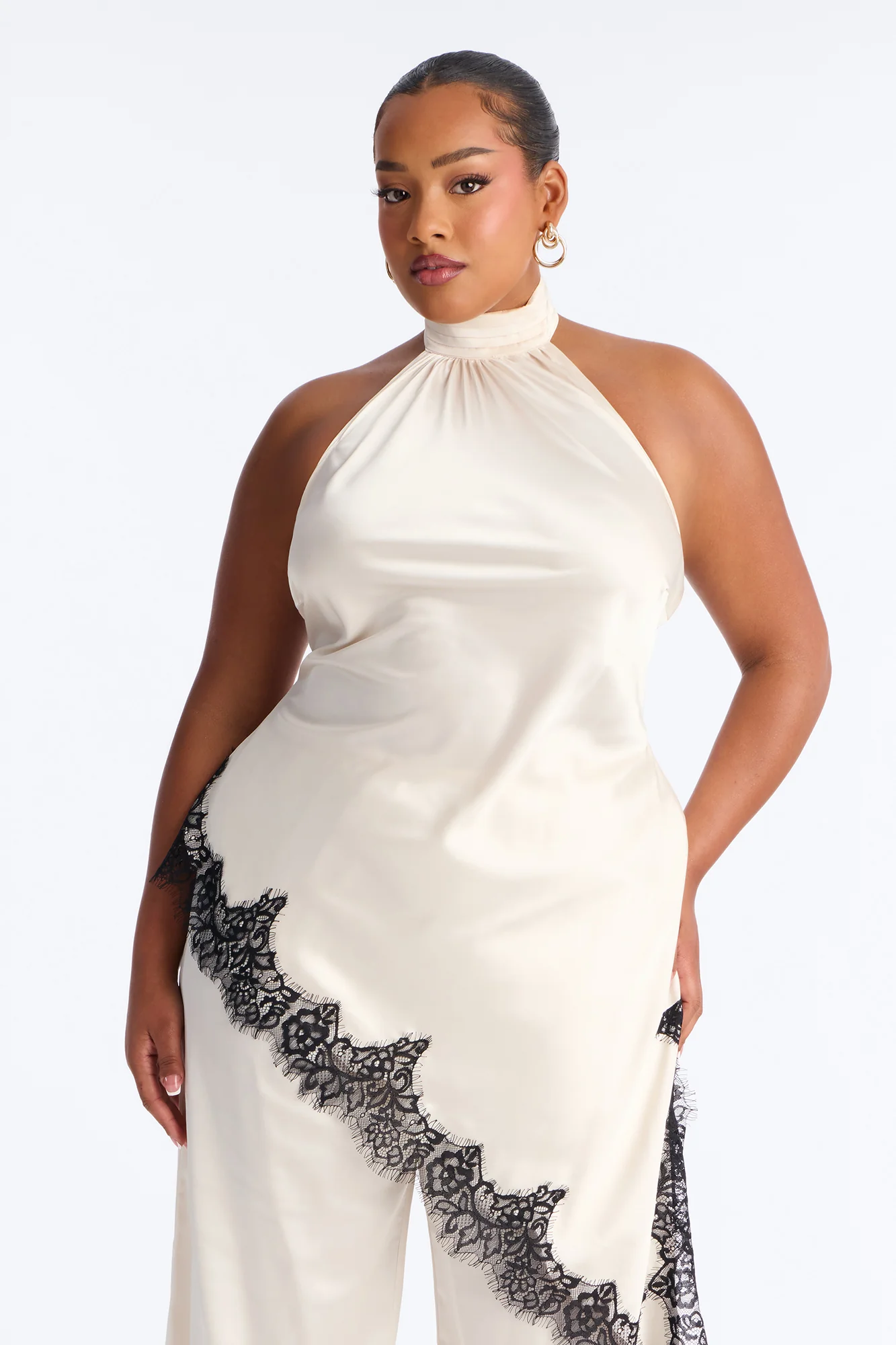 Angela Satin Lace Trim Pant Set - Cream - Image 6