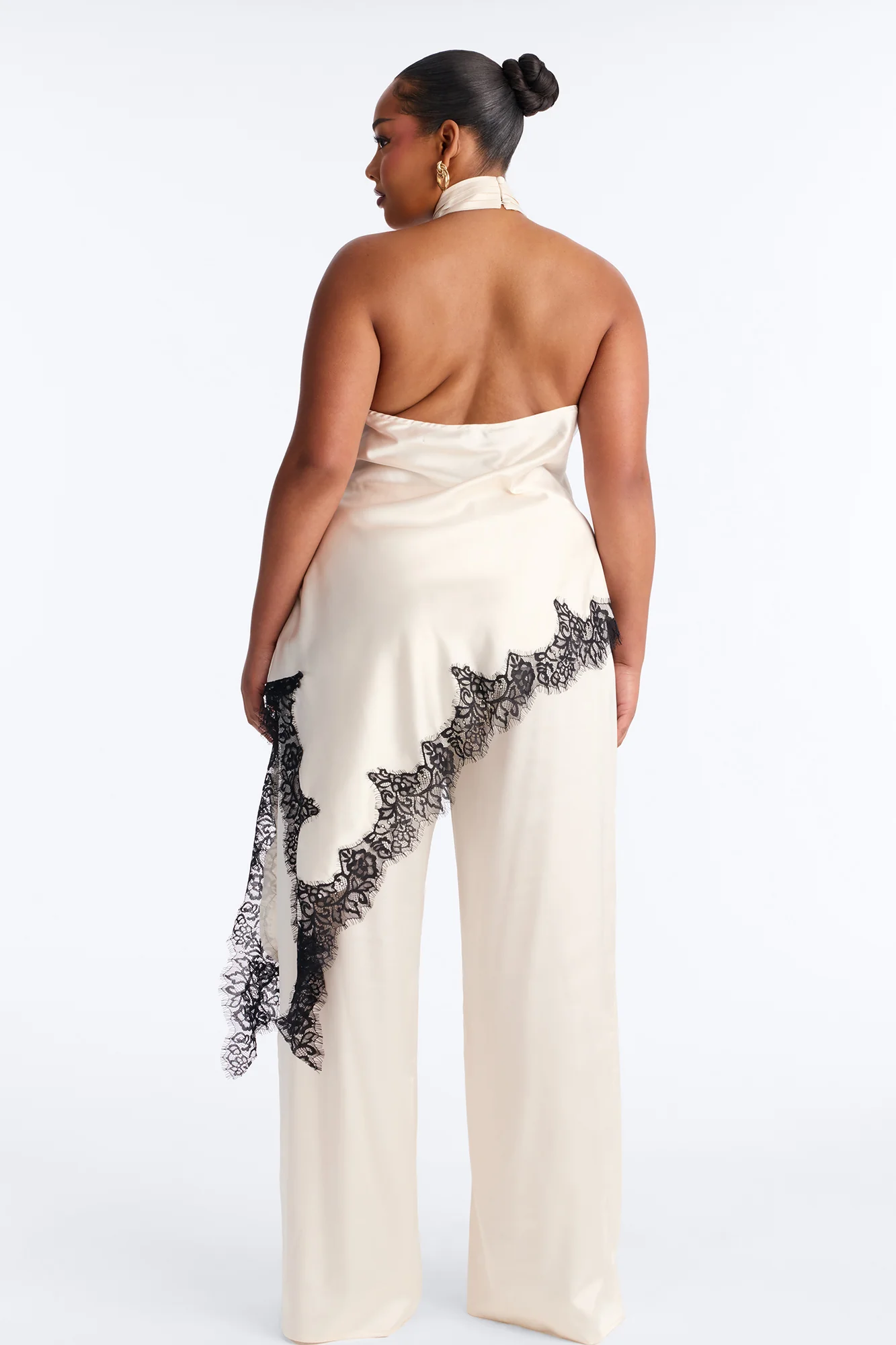 Angela Satin Lace Trim Pant Set - Cream - Image 8