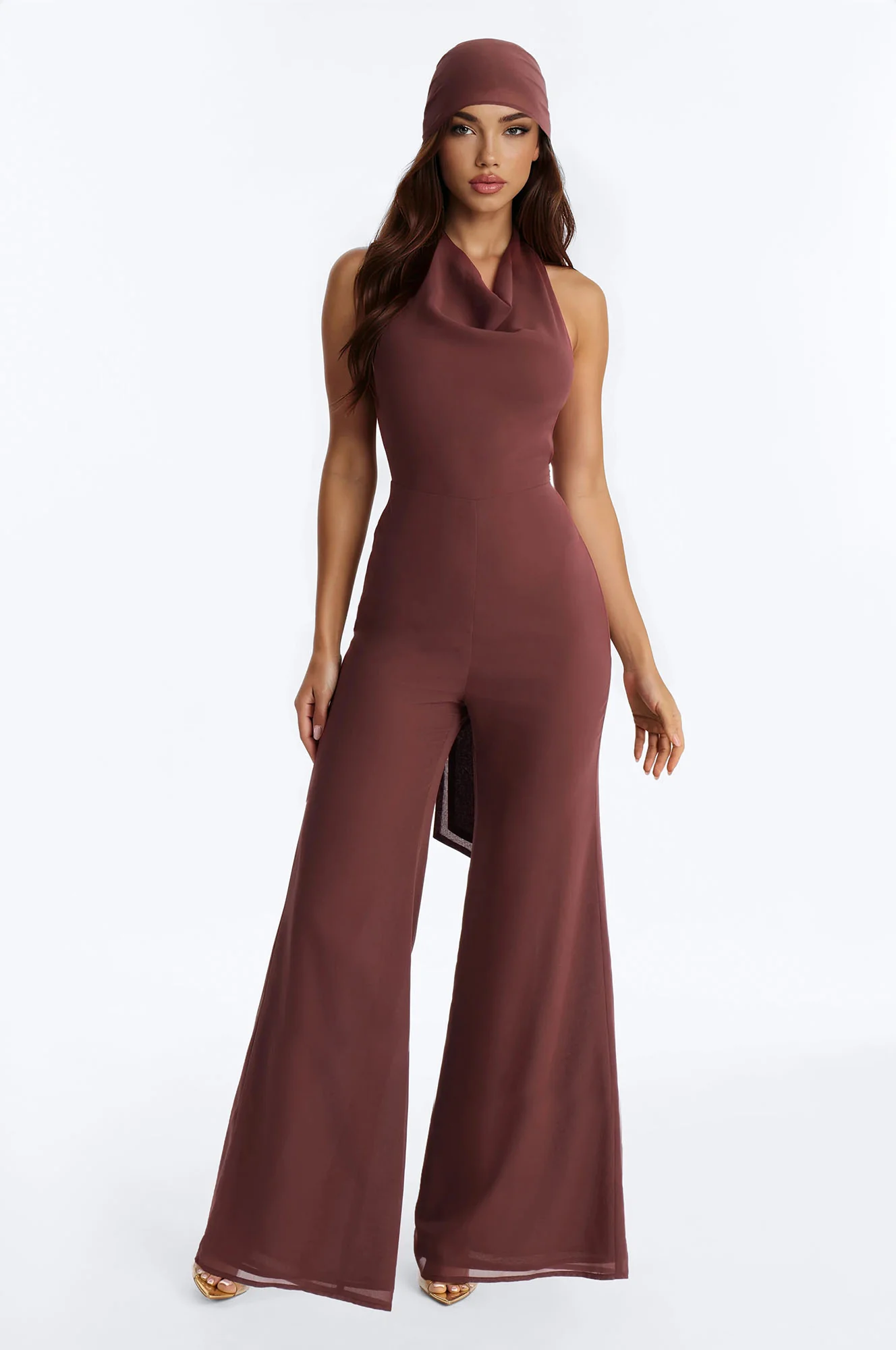 Angelica 2 Piece Chiffon Head Scarf Jumpsuit - Brown