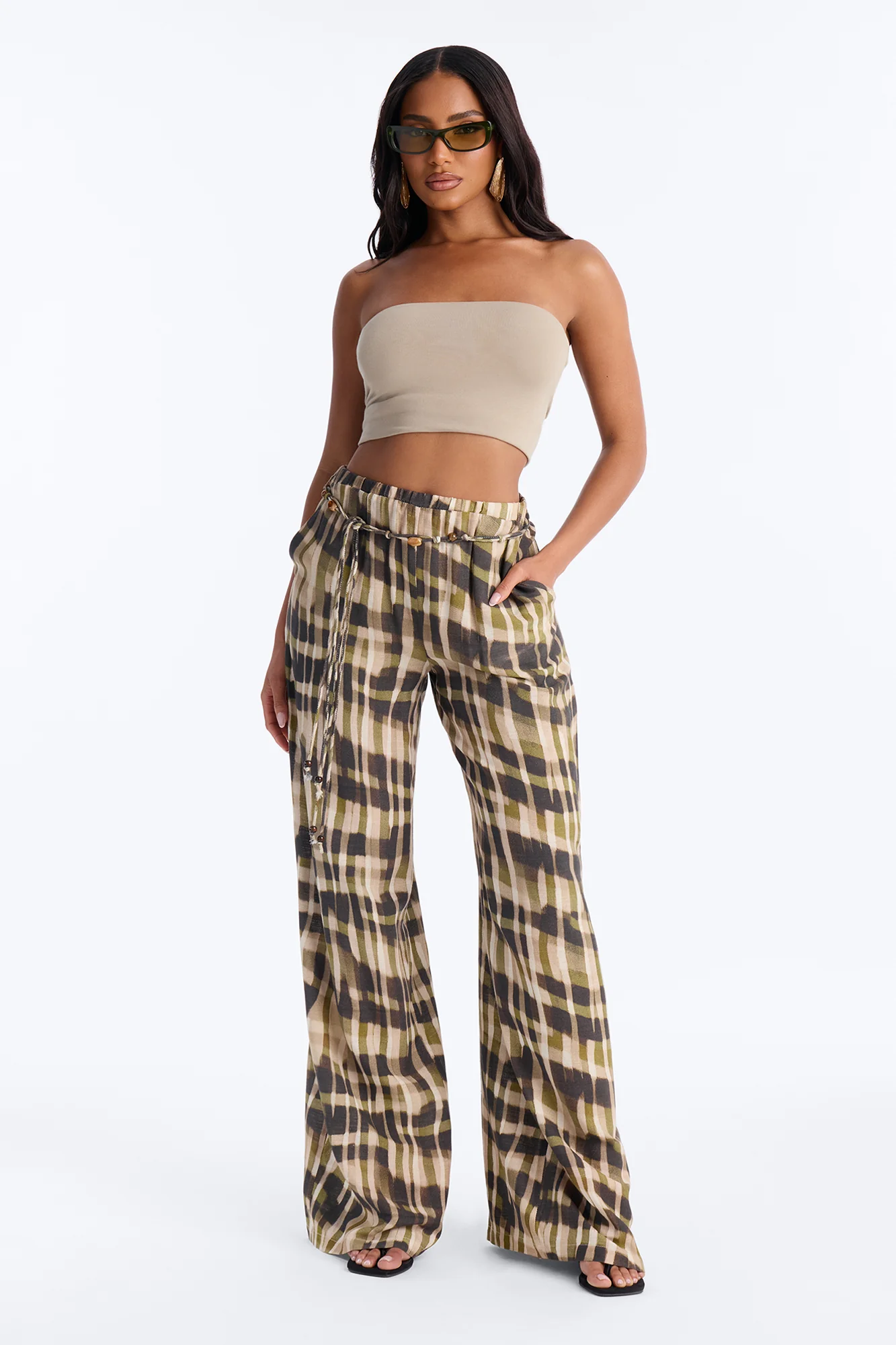 Angelica Belted Wide Leg Pant - Olive/combo