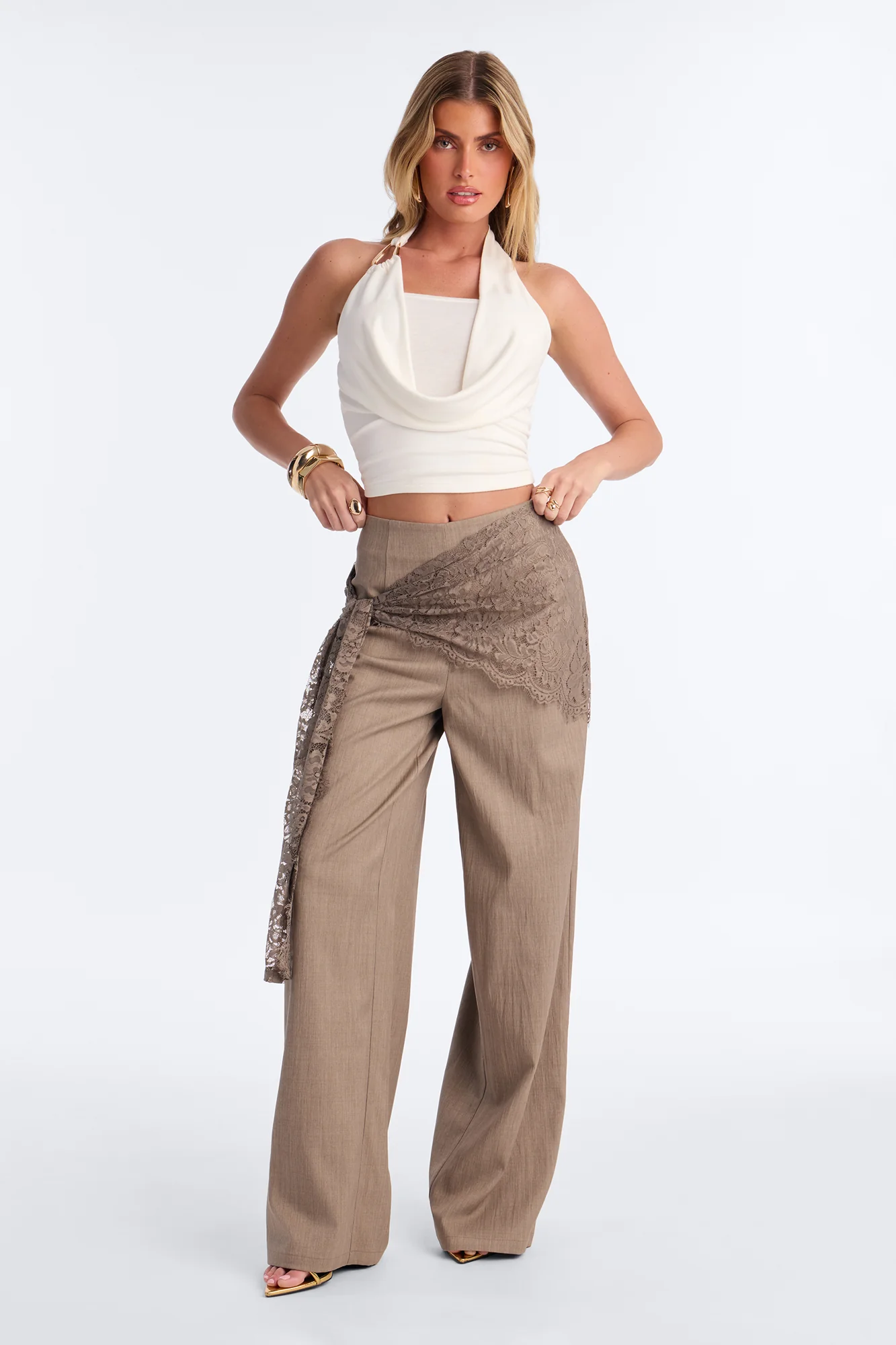 Angelica Lace Wrap Wide Leg Trouser - Caffe