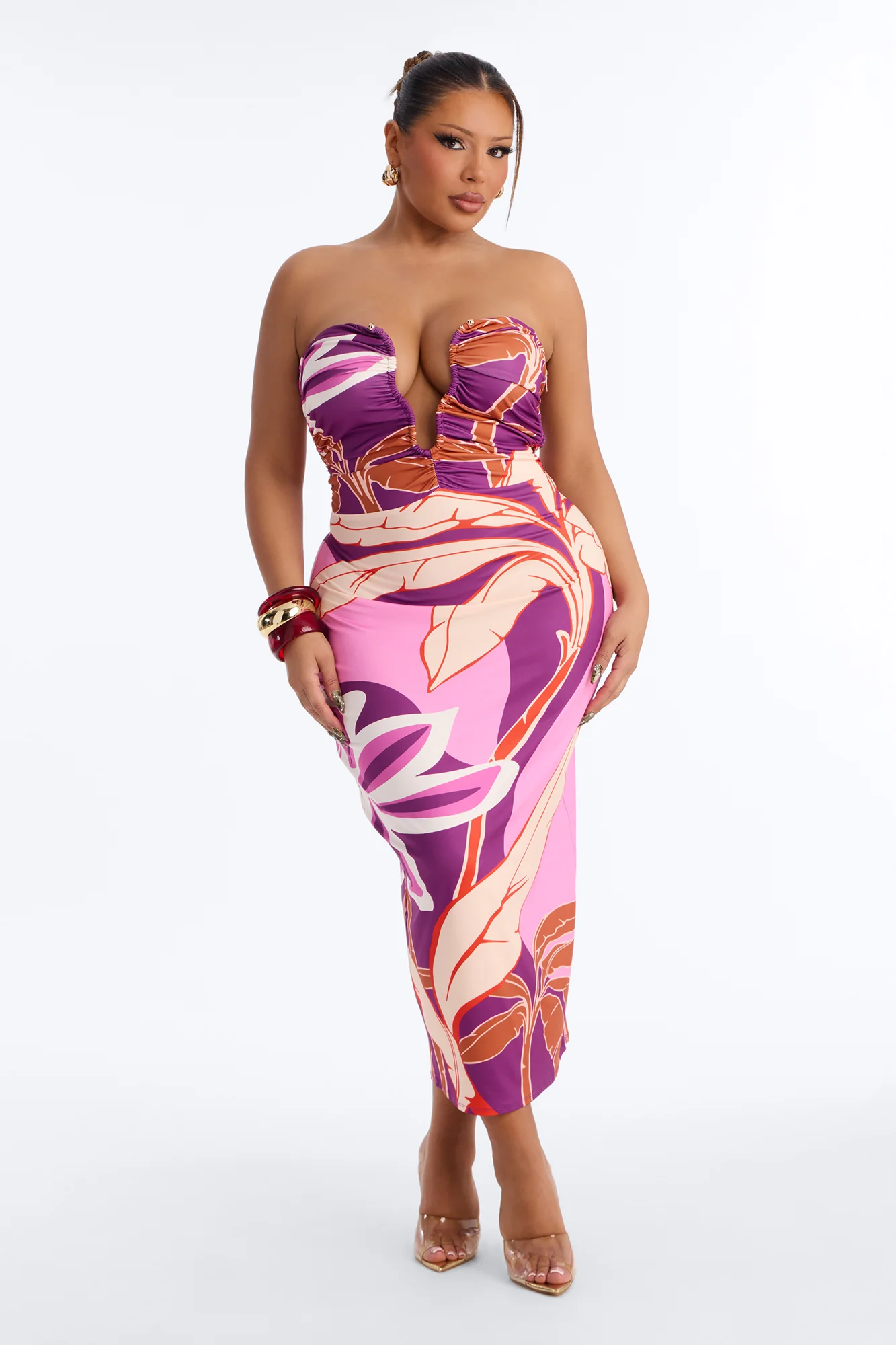 Angelica Printed Ruched Midi Dress - Purple/combo - Image 5