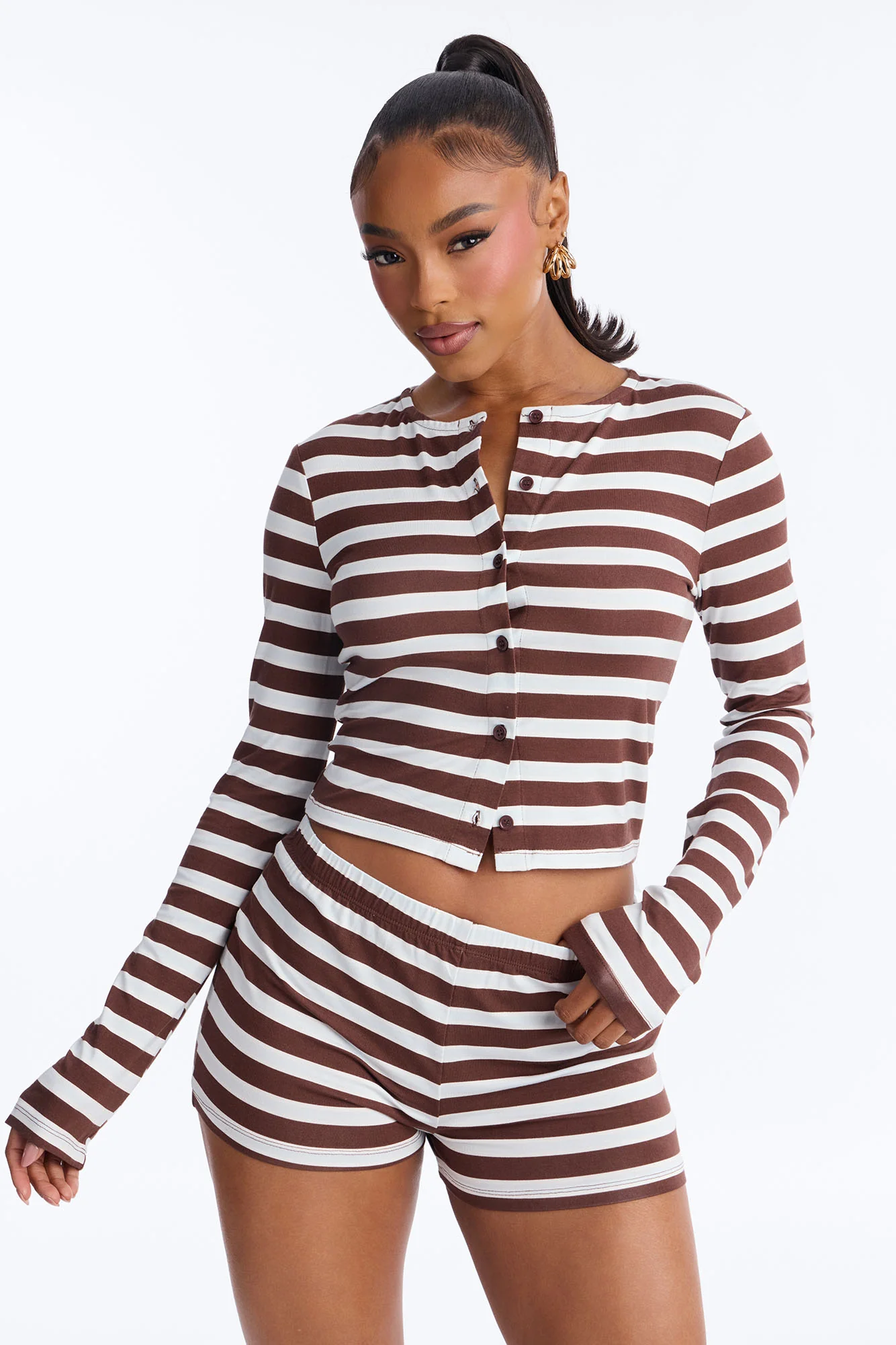 Angelica Stripe Short Set - Brown/combo