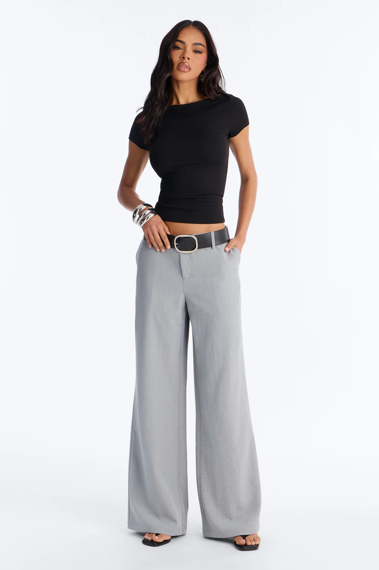 Angelina Low Rise Belted Straight Leg Trouser - Grey