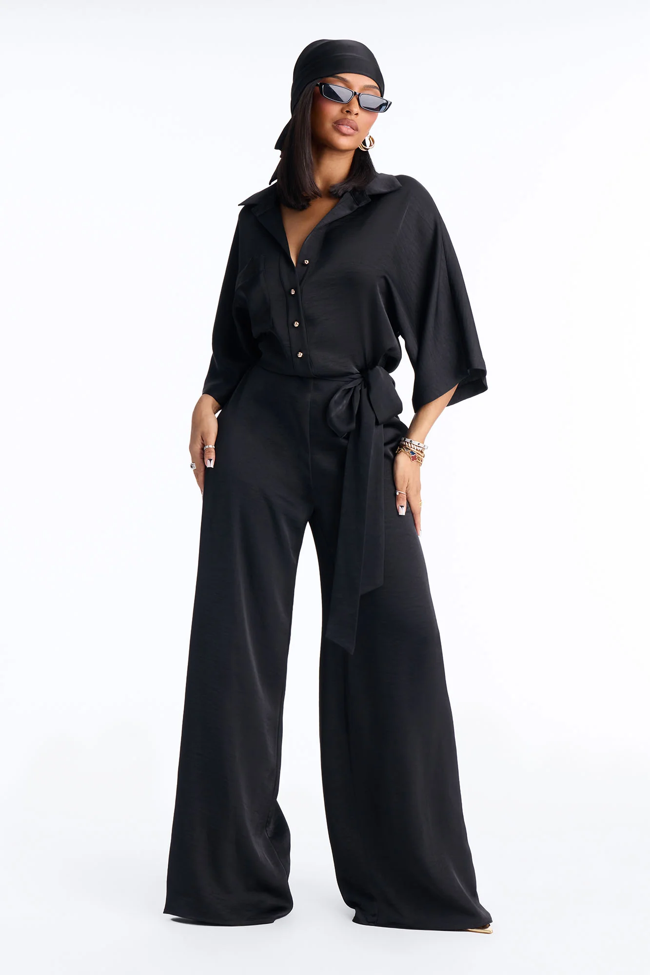 Angelina Satin 2 Piece Jumpsuit Set - Black