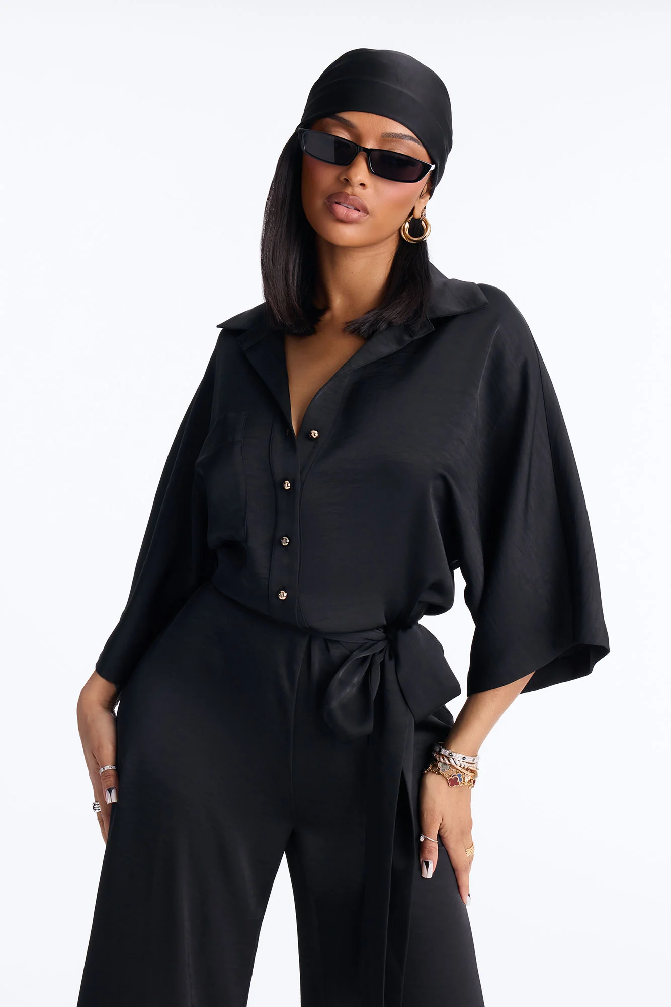 Angelina Satin 2 Piece Jumpsuit Set - Black - Image 3